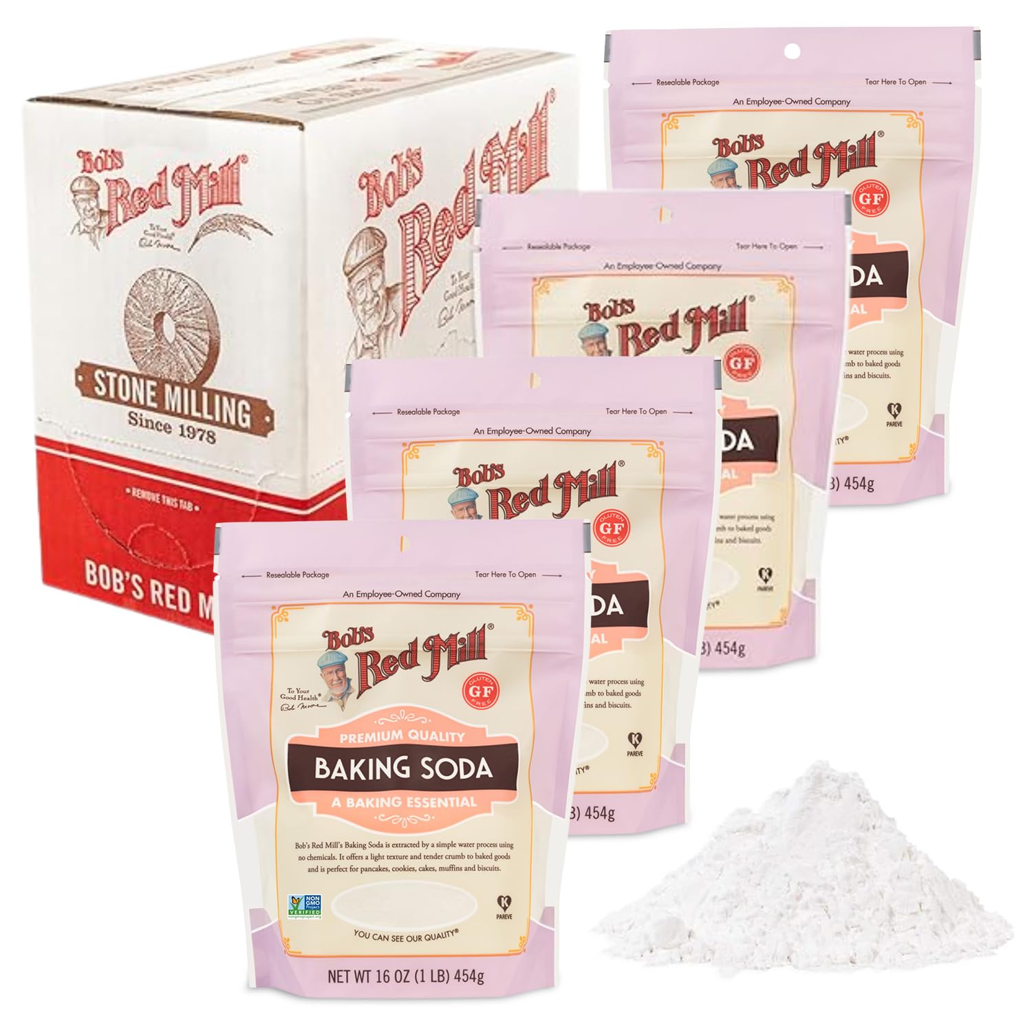 Generic Baking Soda – 4-Pack 16 Oz Baking Powder for Pancakes, Cookies, Cakes, Bakery – Resealable Stand-Up Pouch Aluminum Free Baking Soda – No Gluten, No Fillers