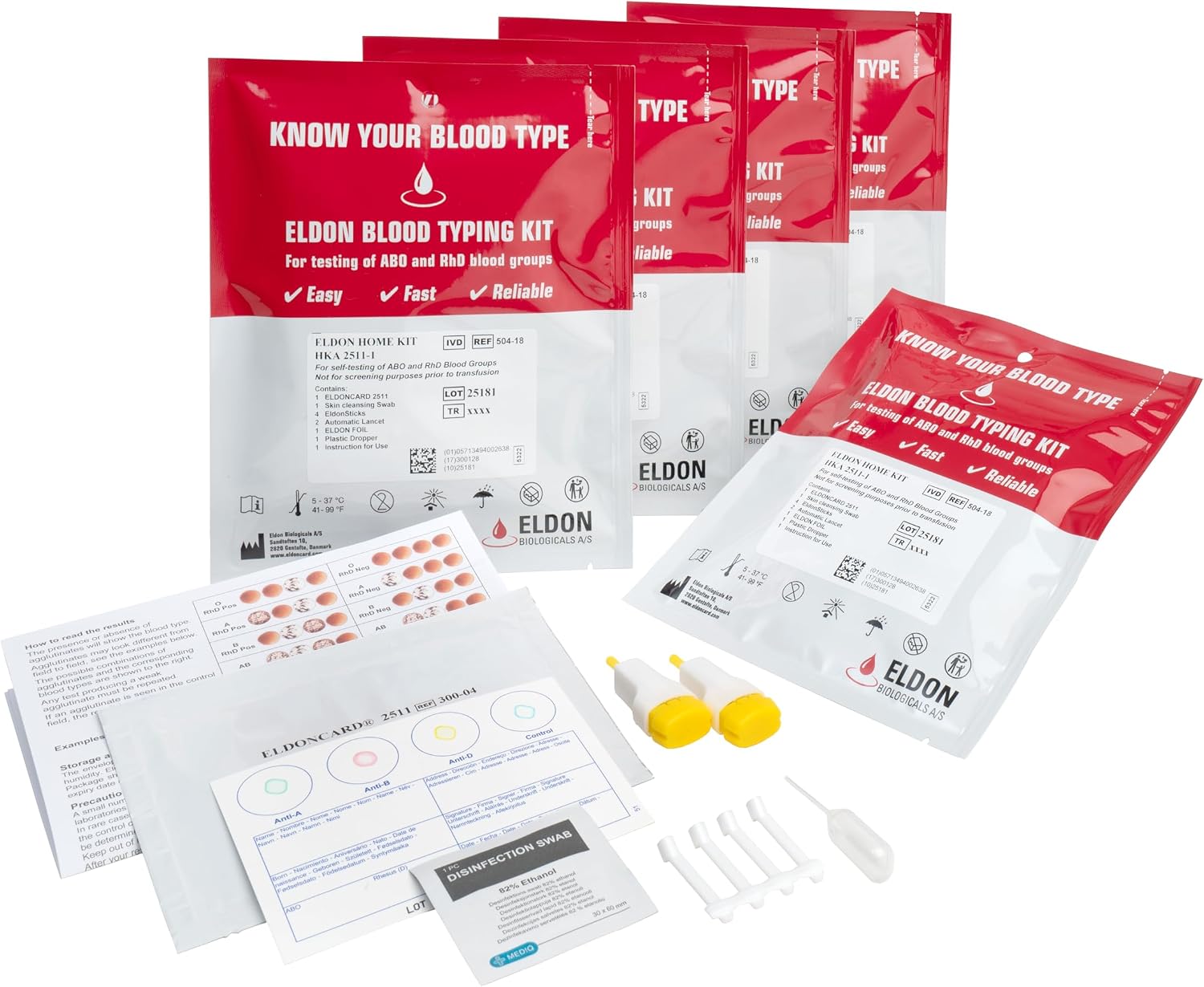 Eldoncard Blood Typing Kit, 5 Test Pack, Know Your Blood Type, Accurate Instant Home Testing, Determine A, O, B, Rhs-D Negative & Positive Groups | Know Your Blood Type, Instant Home Testing, A, B, O, Rhs-D Negative & Positive Groups, Results in Minutes