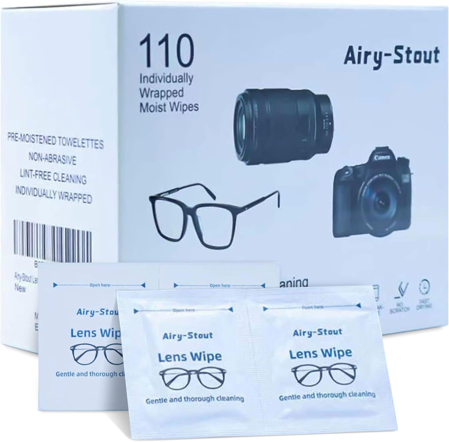 Airy-Stout Lens Wipes for Glasses, 110 Piece Pre Moistened Lens Cleaning Wipes, Individually Wrapped Microfiber Cleaning Cloth, Glasses Cleaner Wipes for Eyeglasses Camera Lens Tablets Phone Screen