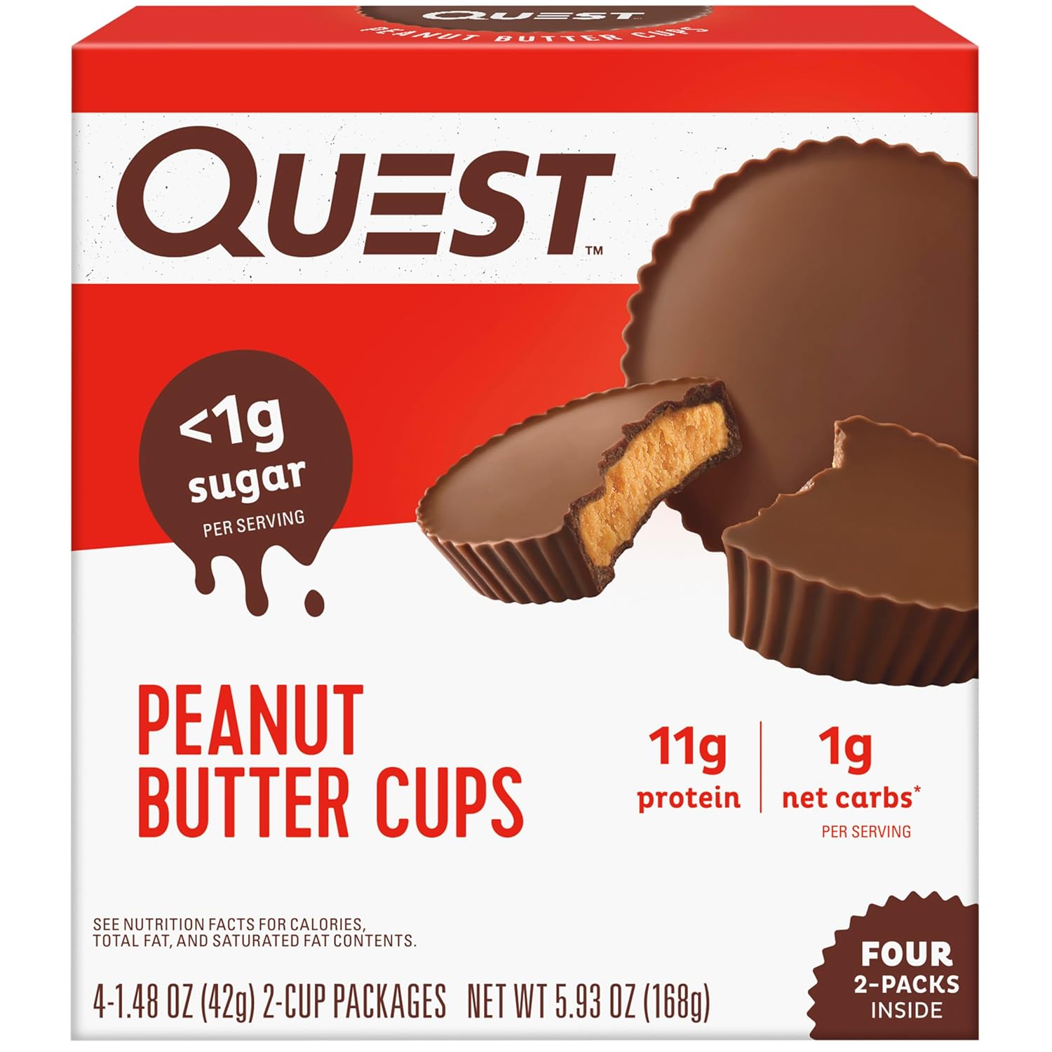 Quest Nutrition Peanut Butter Cups, 11g Protein, 1g Sugar, Low Carb, Gluten Free, Keto Friendly, 4 Count