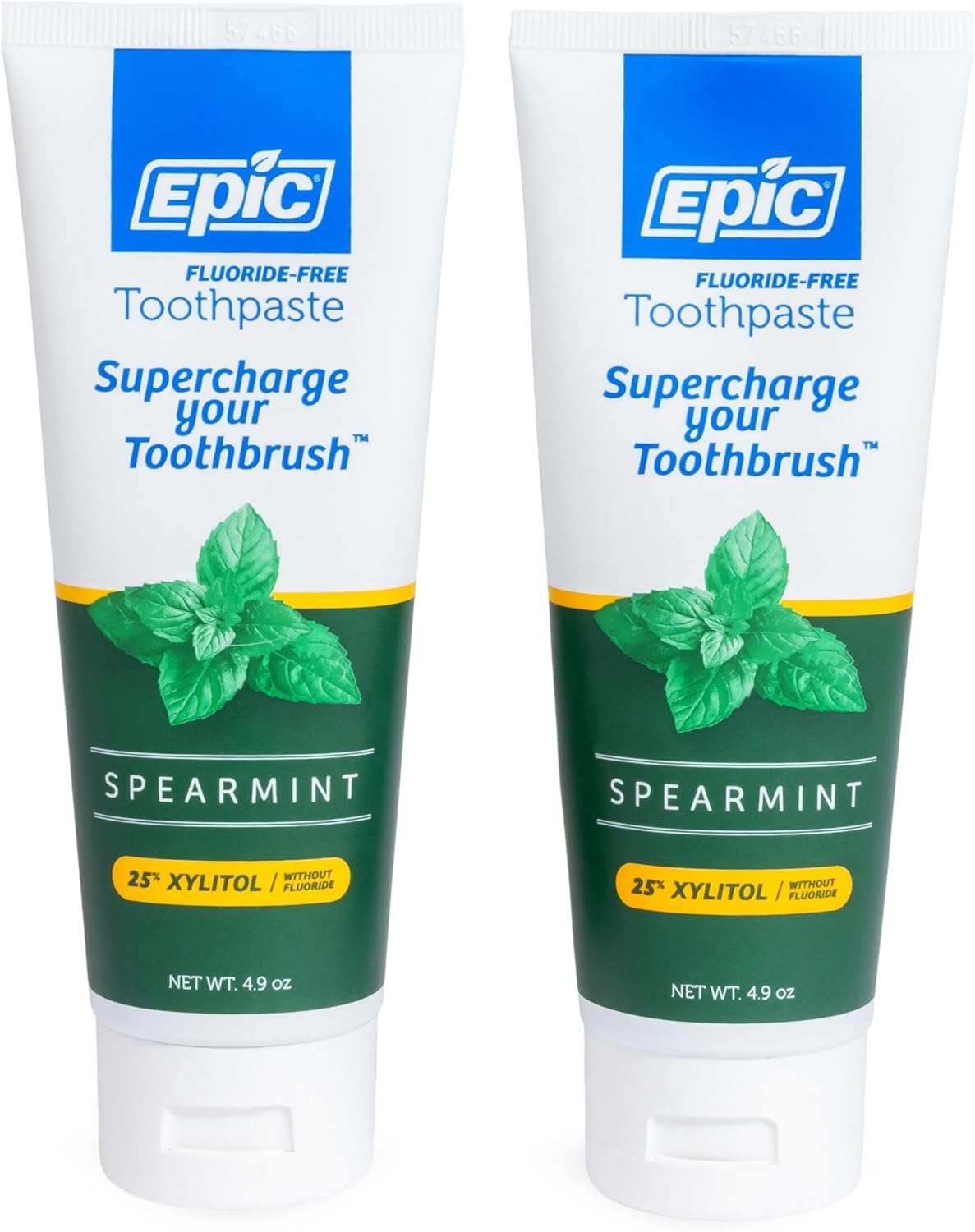 Epic Xylitol Toothpaste - Made with Xylitol for Clean Teeth & Gum Health - Fluoride Free Toothpaste Adult - SLS Free, Spearmint Flavored, 4.9oz Tube (Pack of 2)