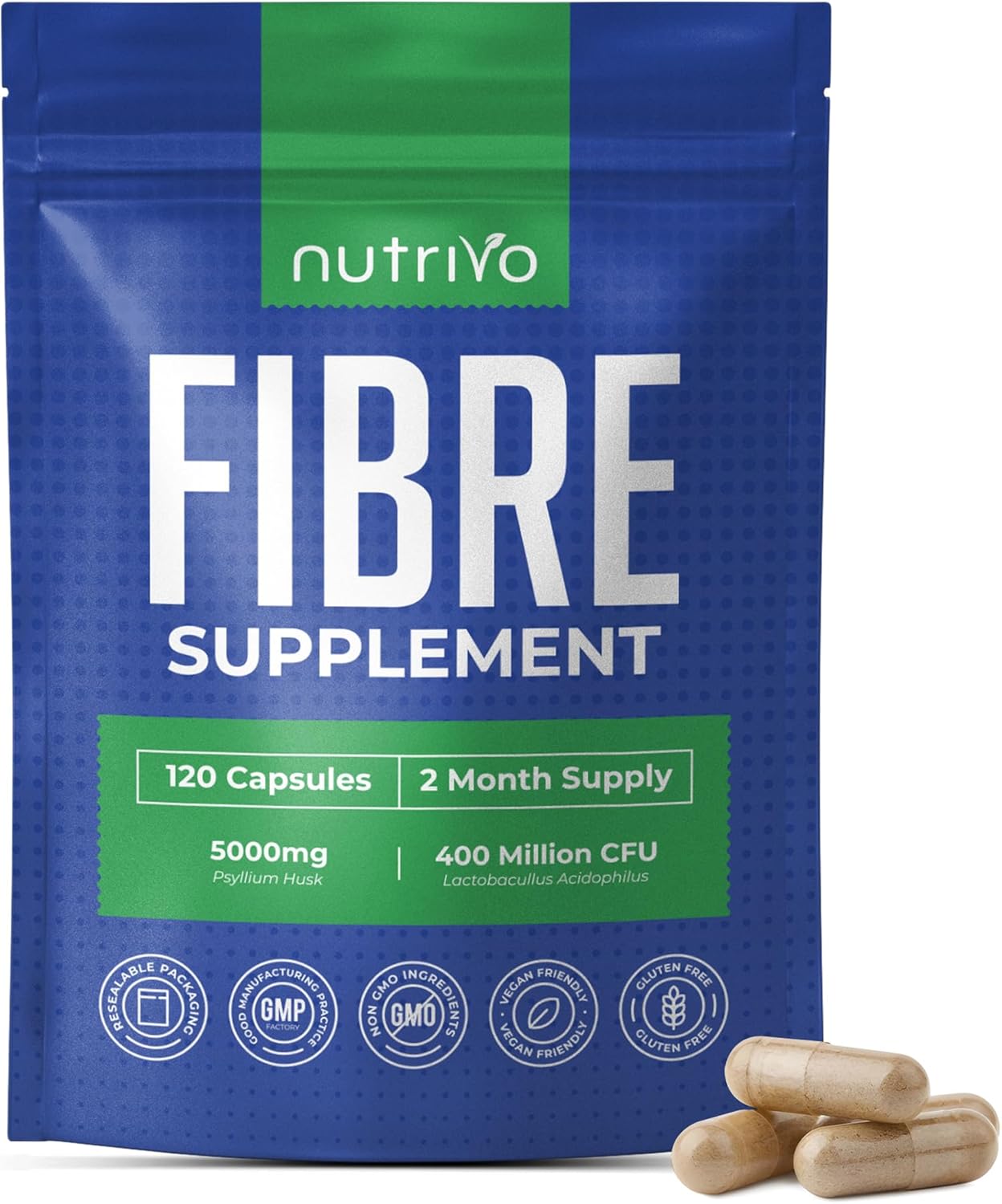 Fibre Supplement - Psyllium Husk 5000mg (500mg of 10:1 Extract) & Probiotic 400 Million CFU Lactobacillus Acidophilus – Digestive, Gut Health Support & Stool Softener -120 Psyllium Husks Capsules