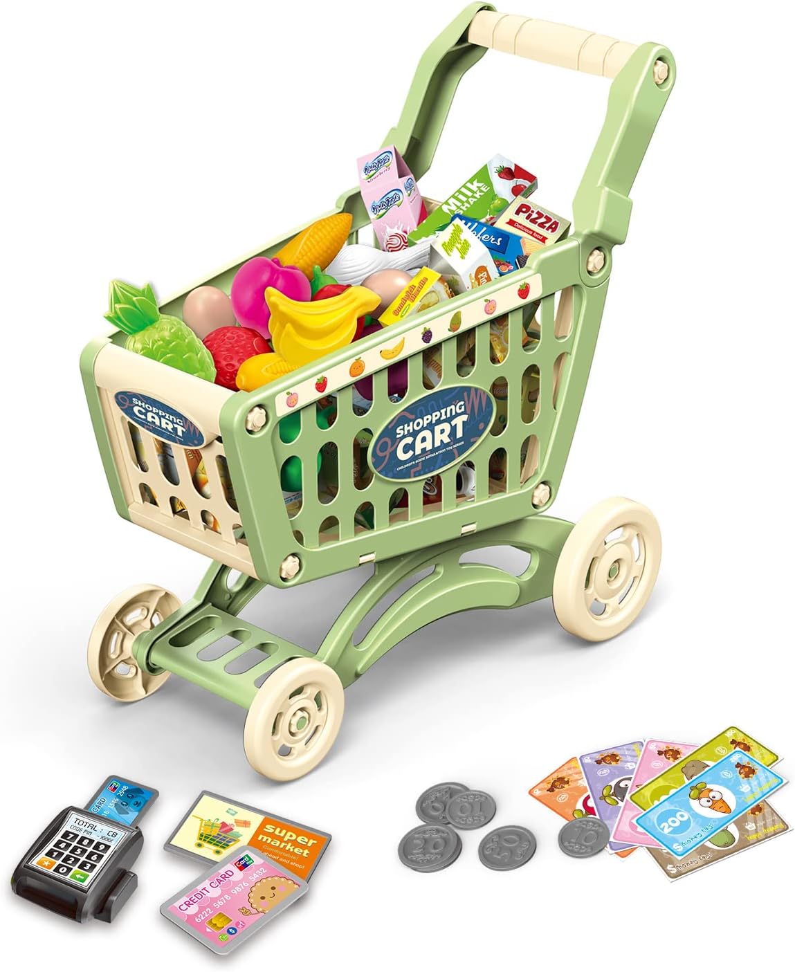 RedCrab Shopping Trolley for Kids, 54 Pieces Shopping Store Basket Accessory Set, Oversized Role Play Trolley Cart Play Set Educational Toy Gift for Kids 3+ Years Boy Girl (A-blue)