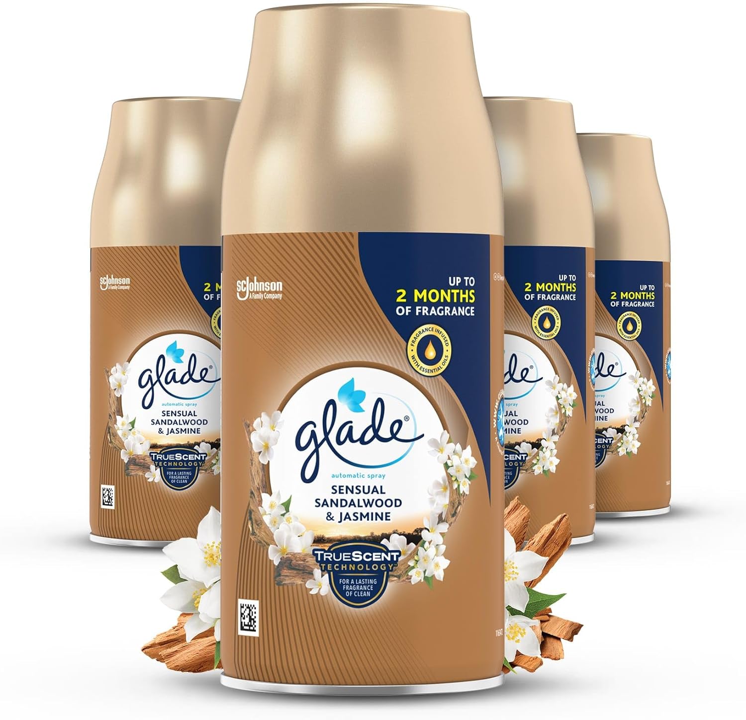 Glade Automatic Air Freshener Refills, Room Spray & Odour Eliminator, Sandalwood & Jasmine, Pack of 4 (4 x 269 ml)