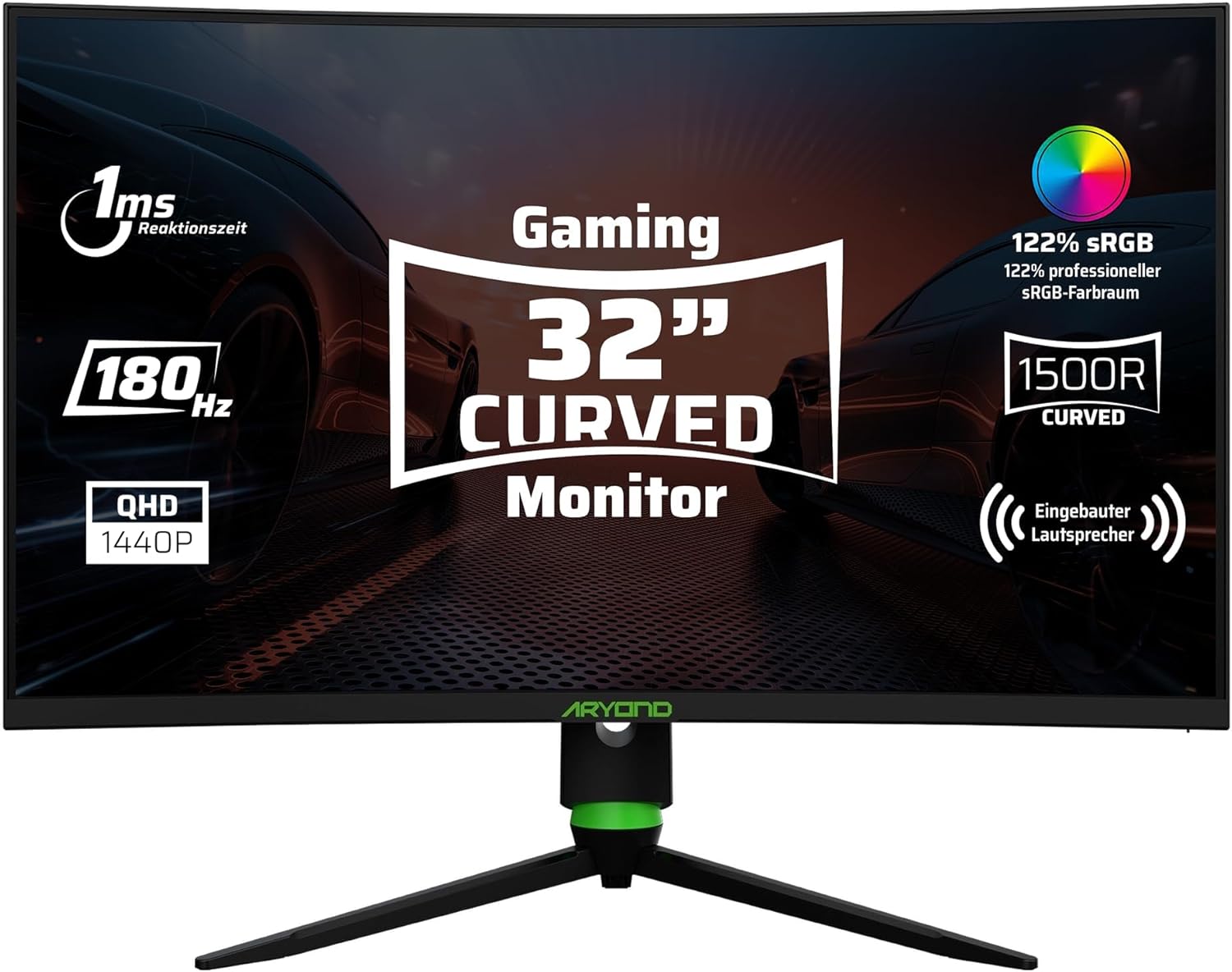 Aryond A32 V2 Gaming Curved Monitor | 32 Inch 180Hz curved QHD (2560x1440) Display | 1ms Response Time | HDR 10| FreeSync - G Sync 119.9% ​​| SRGB | 2*Ω8 x 2W Speakers | HDMI Connection