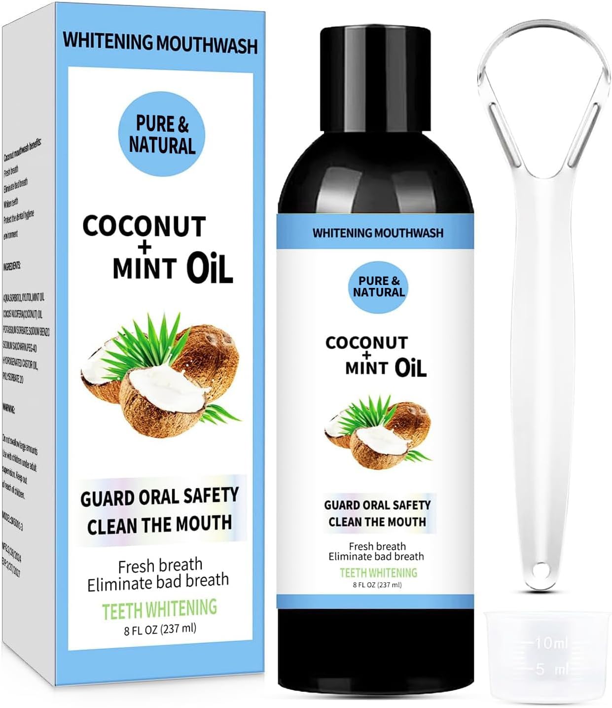 Natural Coconut Oil Pulling, Whitening Oil Mouthwash, Mouth Pulling with Coconut & Peppermint with Tongue Scraper, Mouthwash for Fresh Breath Teeth Whitening, and Healthier Gums Teeth 8 Fl. OZ