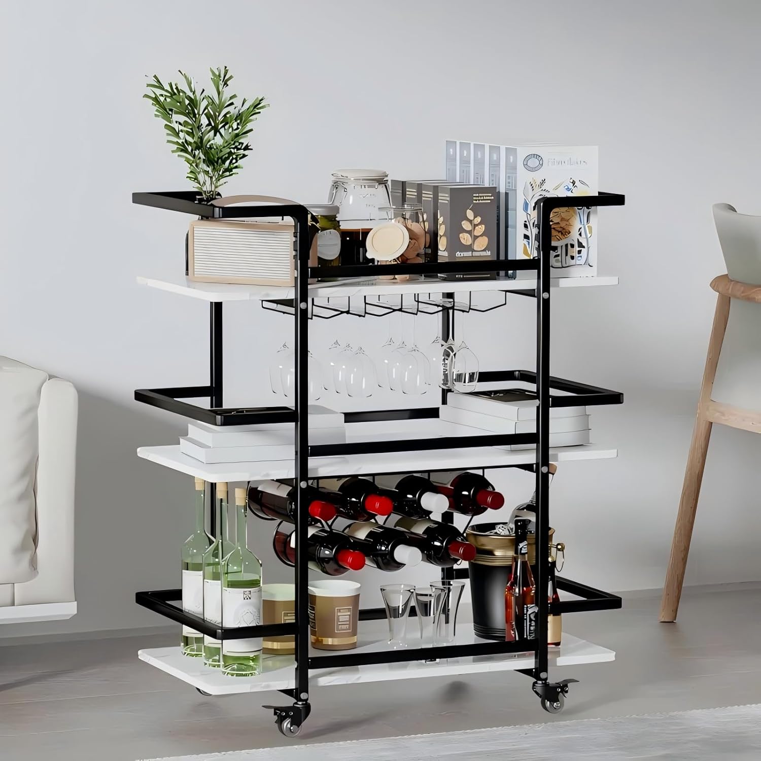 DAWNYIELD 3-Tier Bar Serving Cart, Mobile Wine Cart on Wheels with Wine Racks and Glass Holder, Rolling Kitchen Storage Trolley with Marble pattern plate for Kitchen Living Room Party Home Bar(Black)