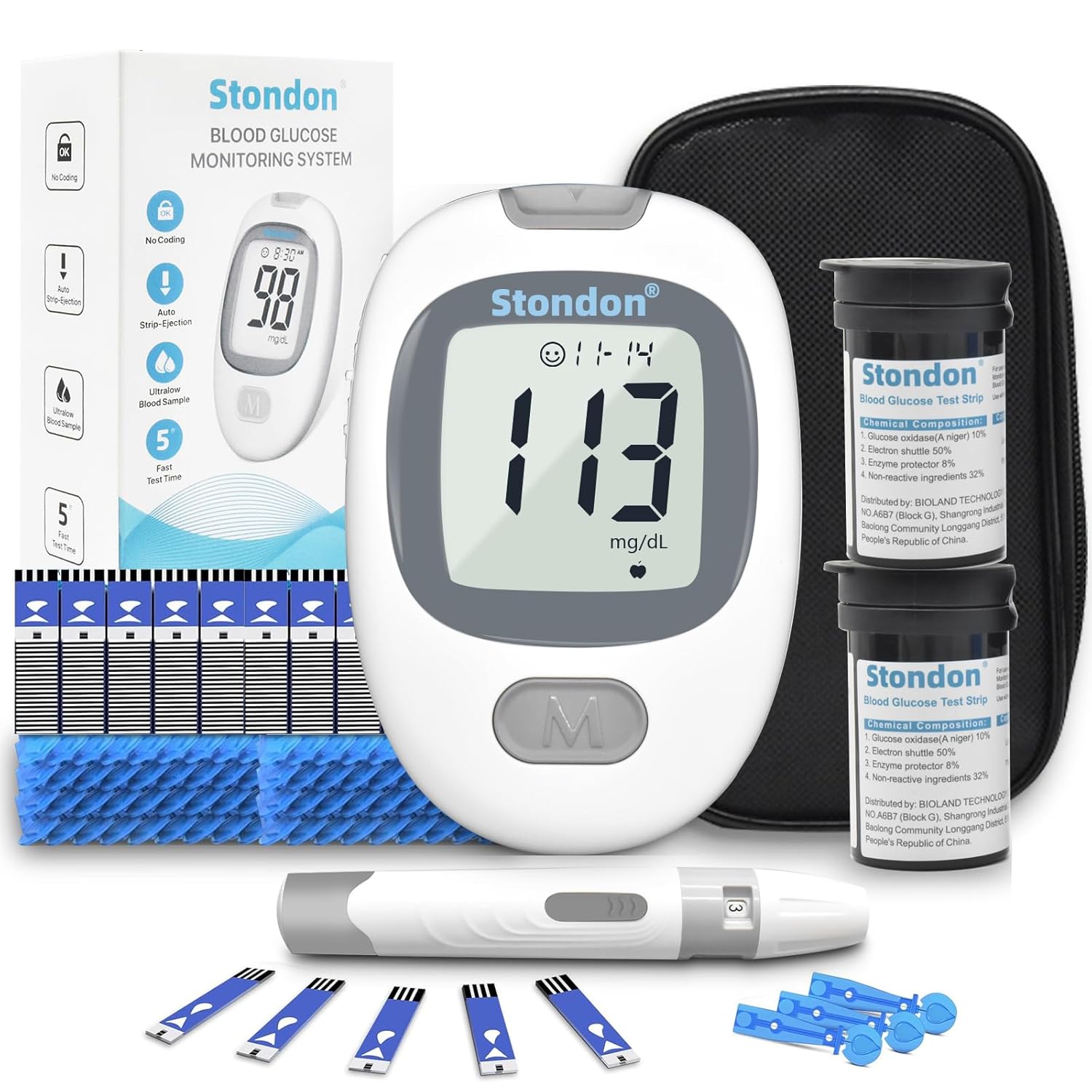 Blood Glucose Monitor Kit, Diabetes Testing Kit, Blood Glucose Meter, 100 Glucometer Strips, 100 Lancets, Test Strips Blood Sugar Meter Glucometer (Grey White)