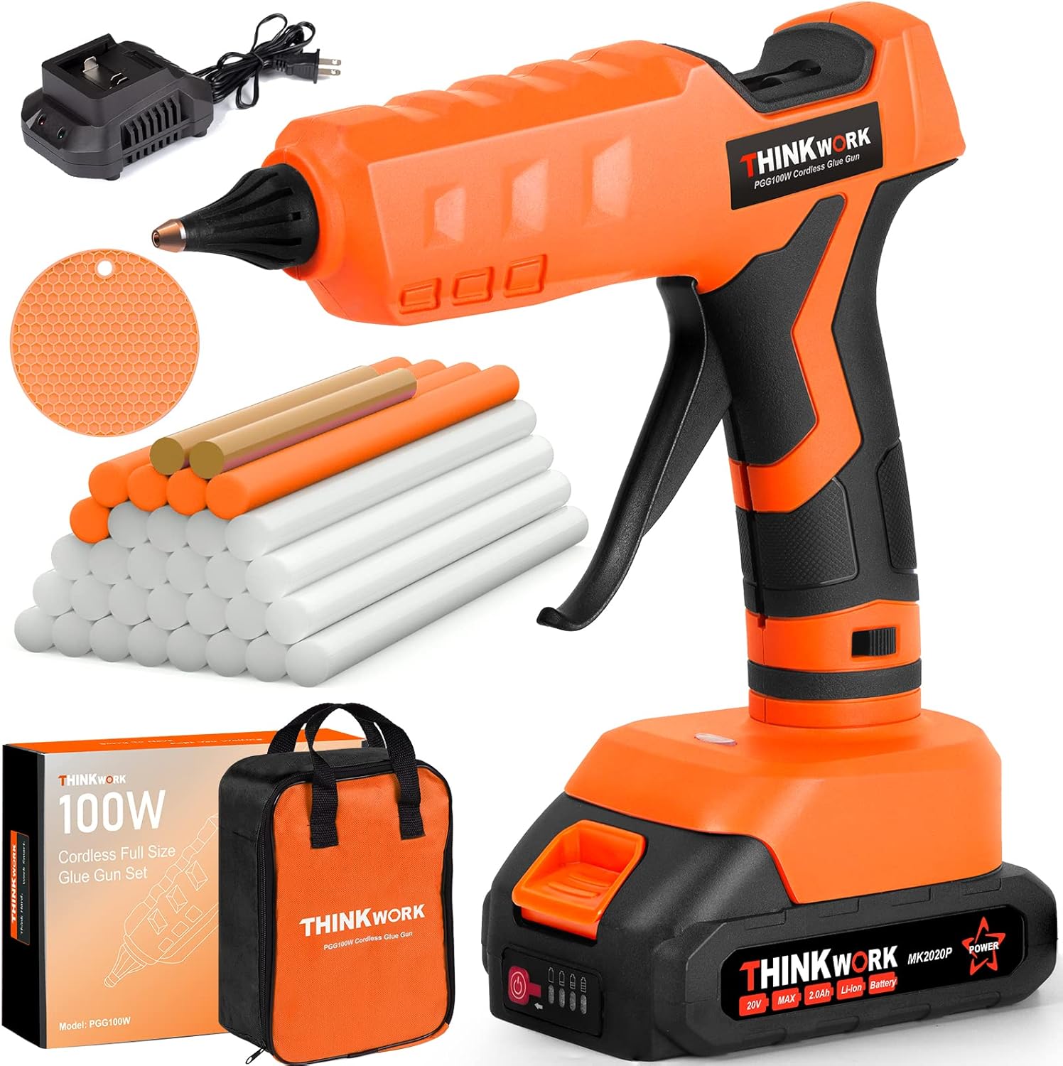 THINKWORK Hot Glue Gun, 20V Cordless Glue Gun with 30 PCS Full Size Sticks, Drip-Free Fast Heating Glue Gun Kit for DIY&Crafts, Repair and Construction, Rechargeable Battery and Charger Included