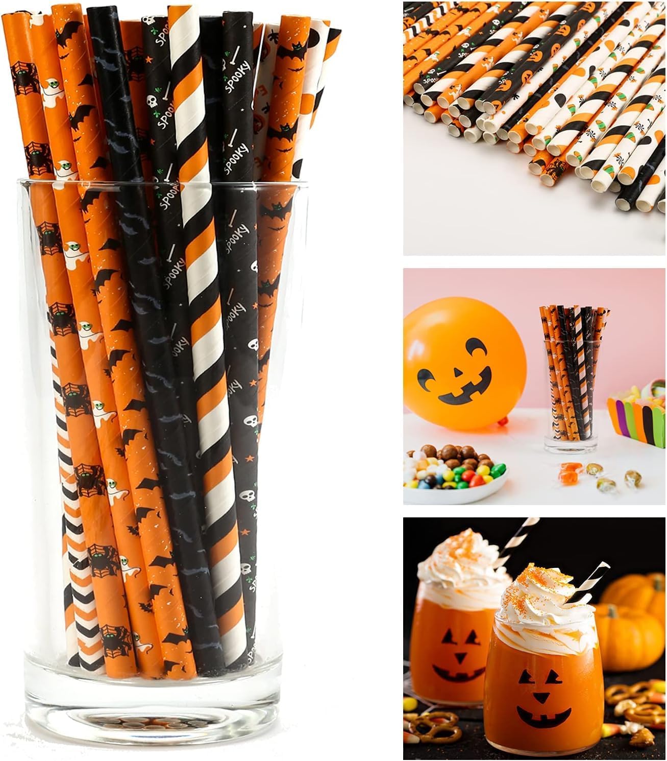 Halloween Paper Straws Decorations - 50Pcs Black Orange Drinking Straws Halloween Party Straws in Ghost/Pumpkins/Skull Pattern Halloween Drink Accessories for Halloween Home Bar Table Party Supplies