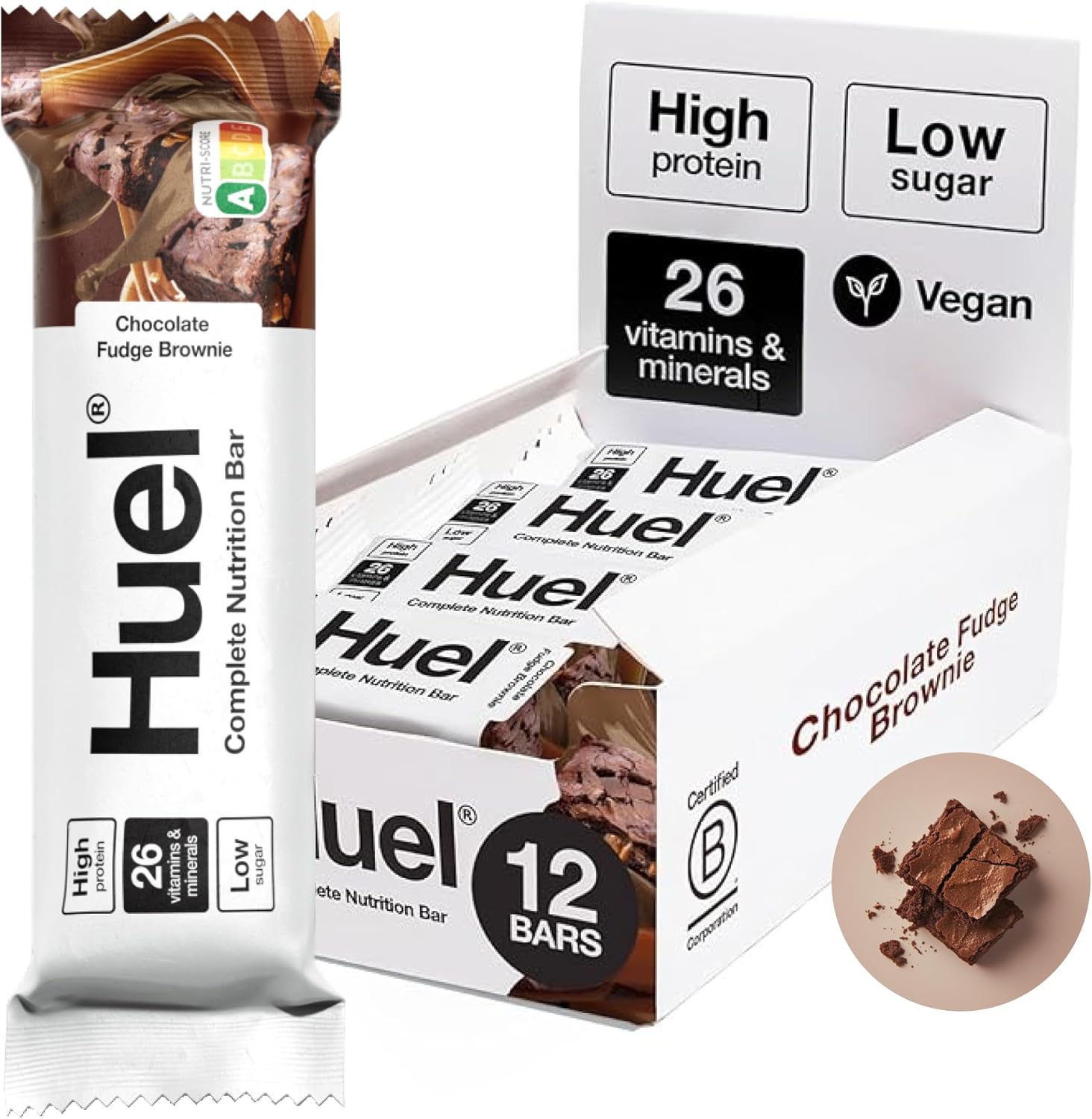 Huel Complete Nutrition Bar, 12 x 55g Bars, Chocolate Fudge Brownie, High Protein Bar, Plant-Based Protein Bars, Low Sugar, High Fibre, High-Protein Snack with Vegan Chocolate, Under 200 Calories