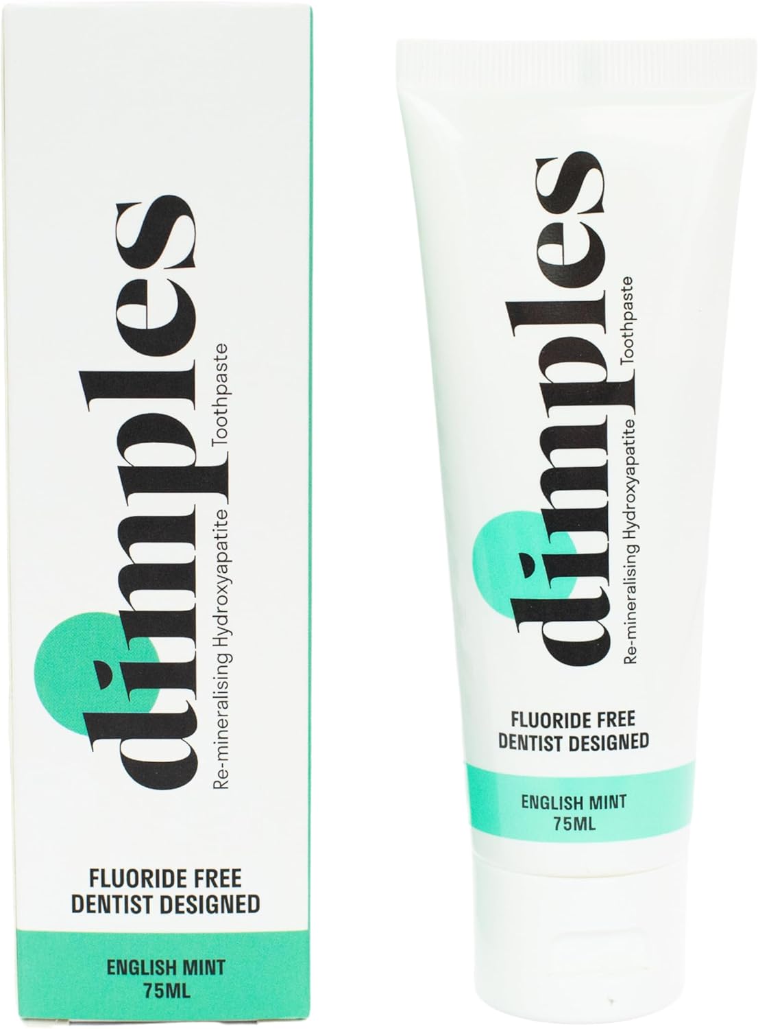 Dimples Toothpaste 75ml - Re-Mineralising Hydroxyapatite Toothpaste - Teeth Whitening Toothpaste - Fluoride Free Toothpaste - Vegan Toothpaste - English Mint
