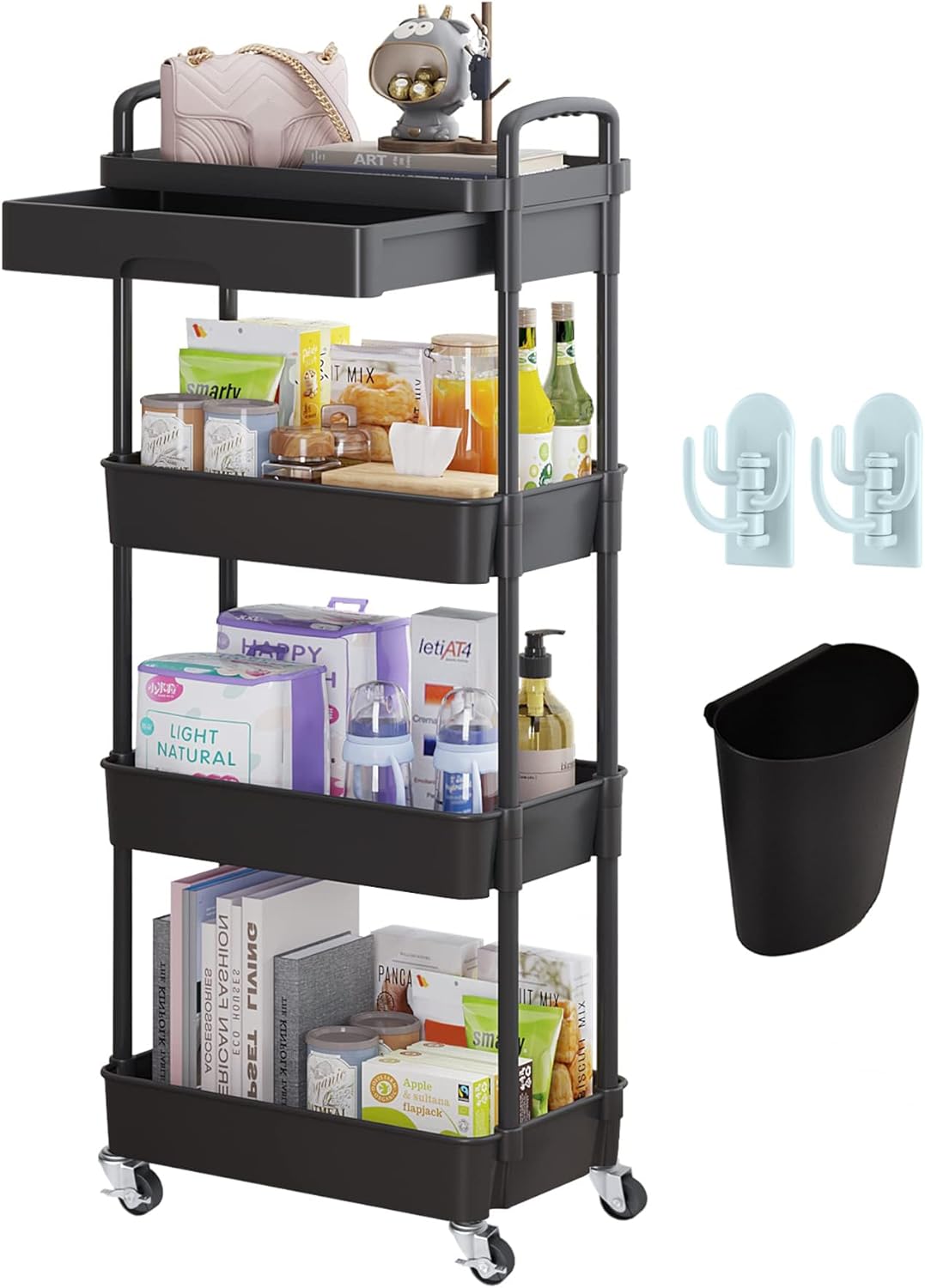 Beauty Trolley on Wheels 4 Tier Storage Trolley with Drawer Plastic Beauty Trolleys Rolling Utility Cart Craft Trolleys on Wheels for Home Kitchen Bathroom Laundry Office Black