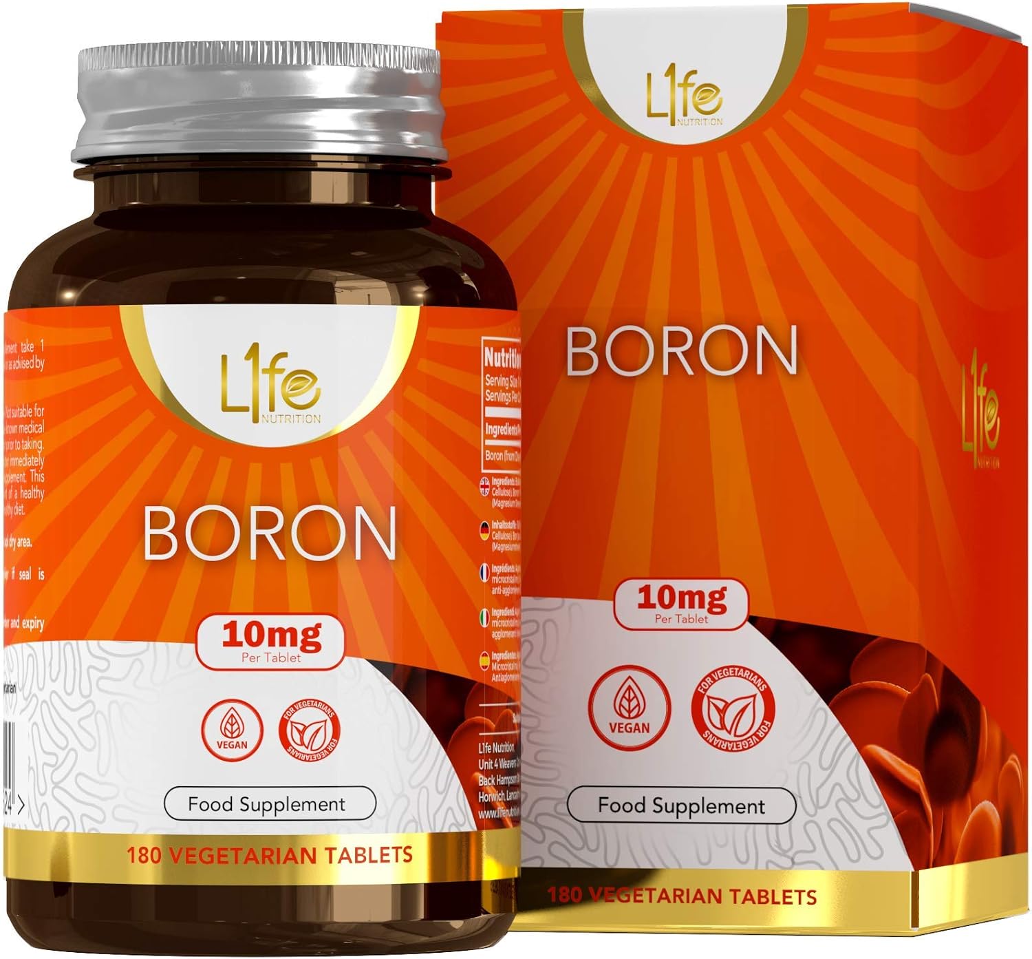 LN Boron Supplements | 180 High Strength Vegan Boron Tablets - 10mg Supplement per Capsule | Non-GMO, Gluten, Dairy & Allergen Free | Manufactured in The UK