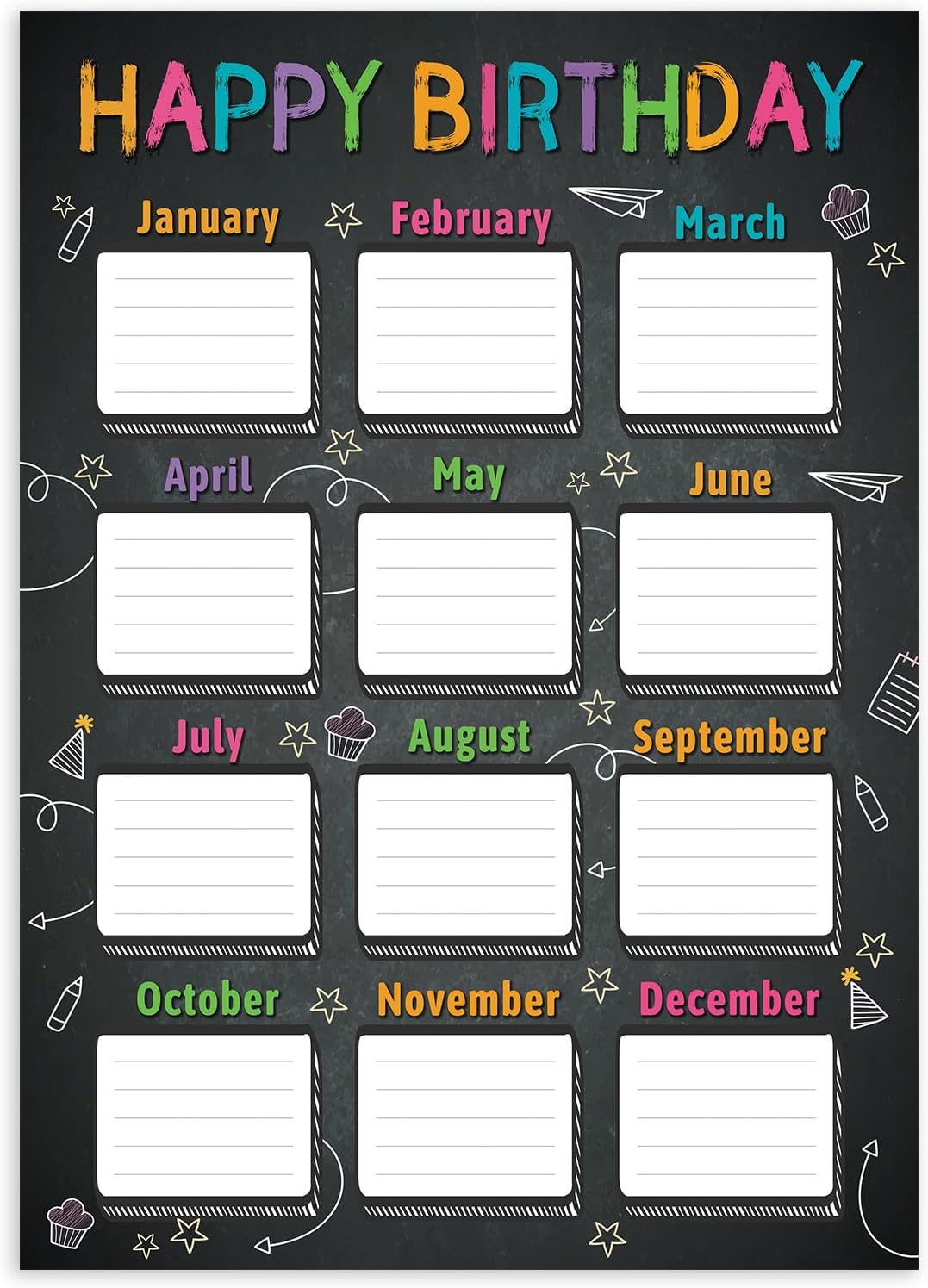 JUESMOS Chalkboard Happy Birthday Chart Poster for Classroom Decorations - Birthday Calendar Class Birthday Chart Posters for Bulletin Board decorations Back To School Teacher Supplies