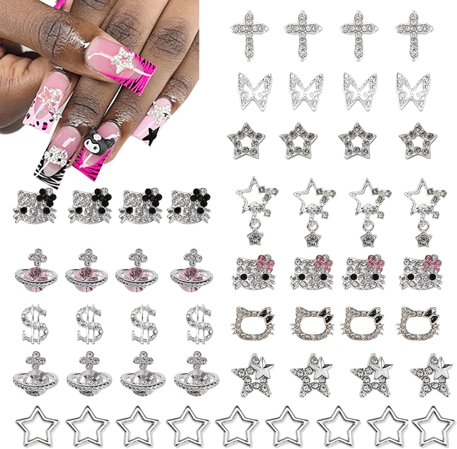 y2k 56pcs nail charms, silver