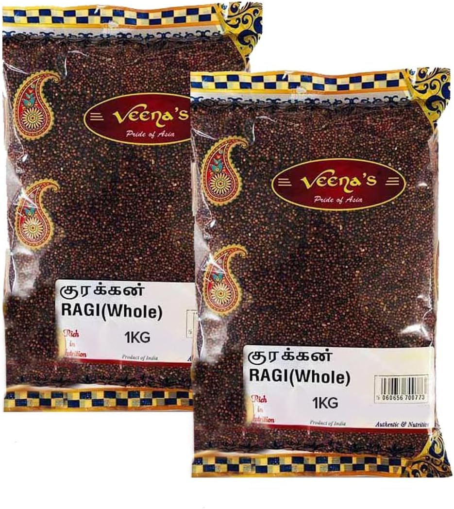 Veena's Ragi Whole 1kg, Finger Millet, High Nutrient Grain, Whole Grain Millet, Kelvaragu, Healthy Grain with No Preservatives Product from India Pack of 2