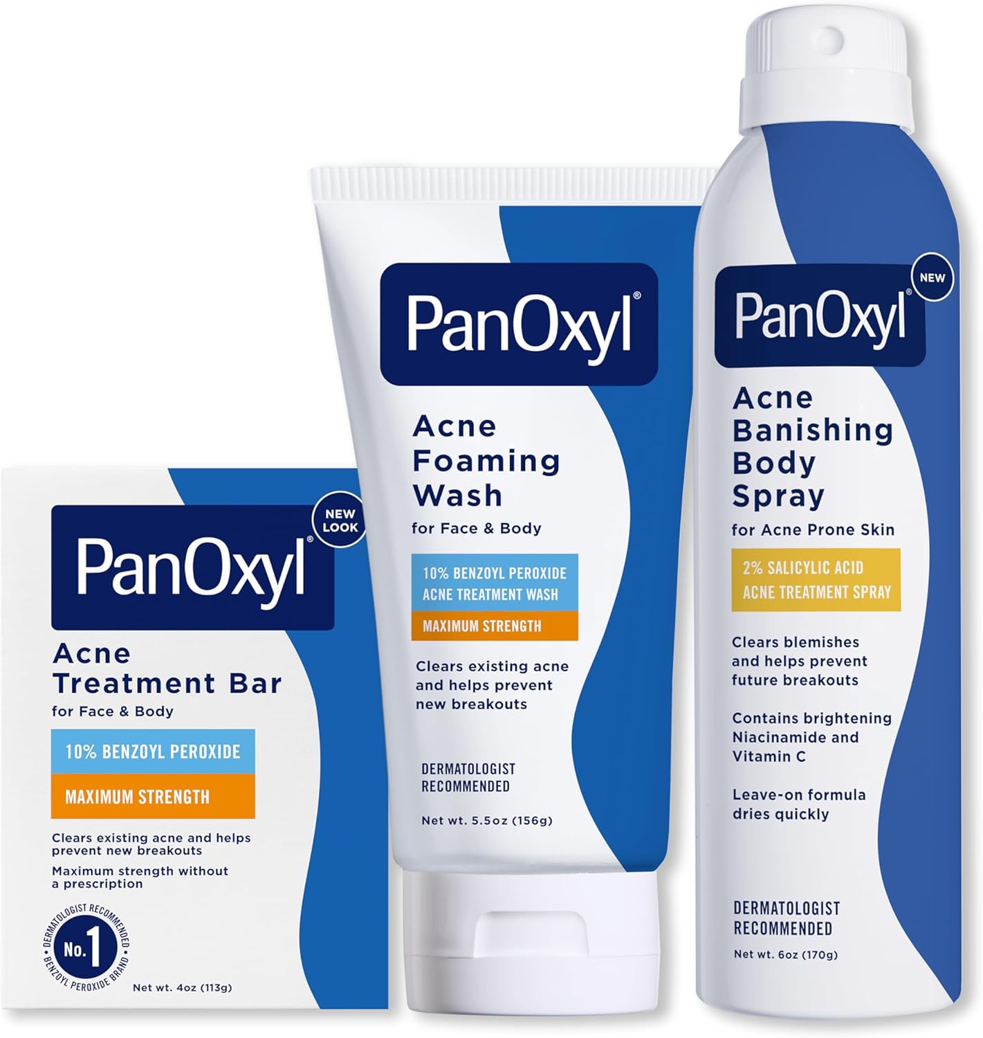 PanOxyl Acne Banishing Bundle - Acne Foaming Wash Benzoyl Peroxide 10%, Acne Banishing Body Spray with 2% Salicylic Acid & Acne Treatment Bar with 10% Benzoyl Peroxide