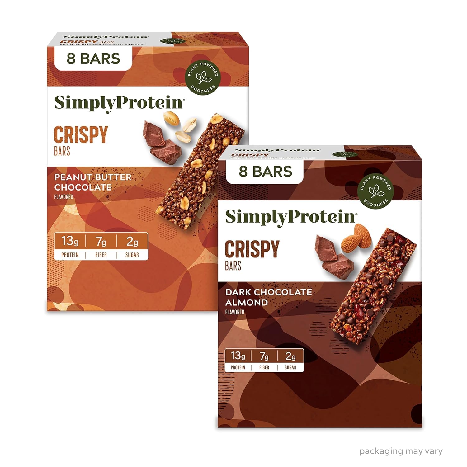 Simply Protein - Crispy Bars Variety Pack, Peanut Butter + Dark Chocolate Almond - Plant Based Protein Bars - 13g Protein, 2g Sugar, 7g Fiber - Vegan, Gluten Free, Non GMO - 16 Bars, 2 Boxes