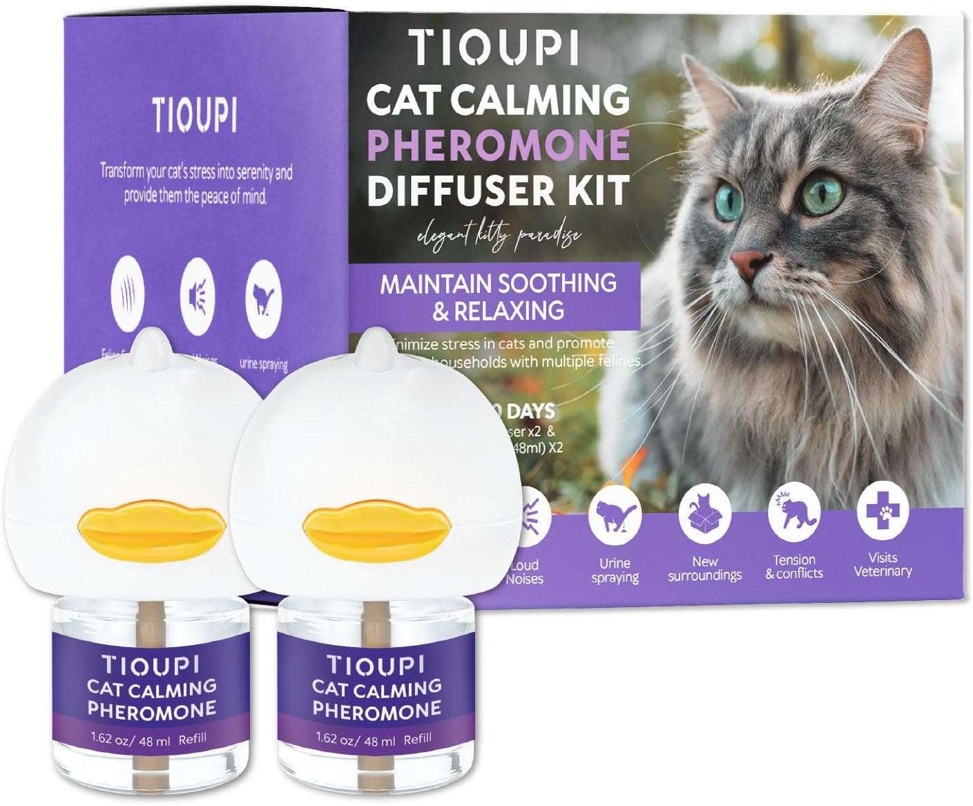 Premium Cat Pheromones Calming Diffuser - Relaxing Stress & Anxiety Relief for Cats, Multi Cat Homes, 2 Pack