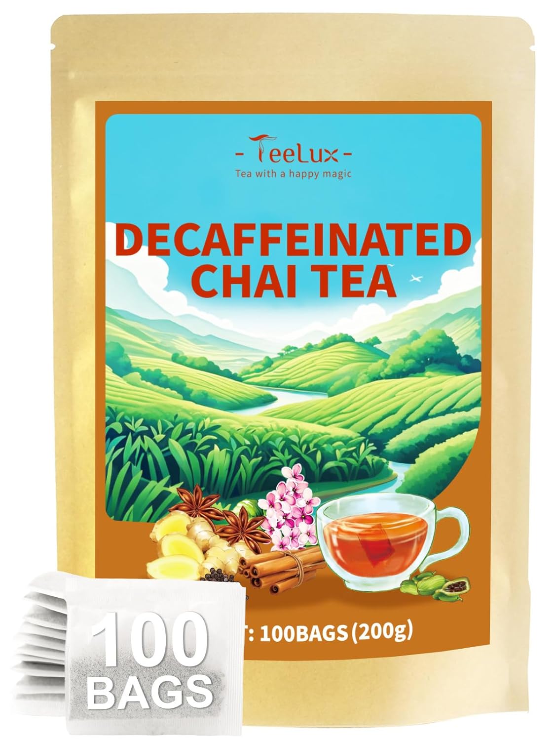 TeeLux Decaf Chai Black Tea, Decaffeinated Black Tea with Cinnamon, Ginger, Cardamom, Star Anise, Robust & Spicy Flavor, 100 Count