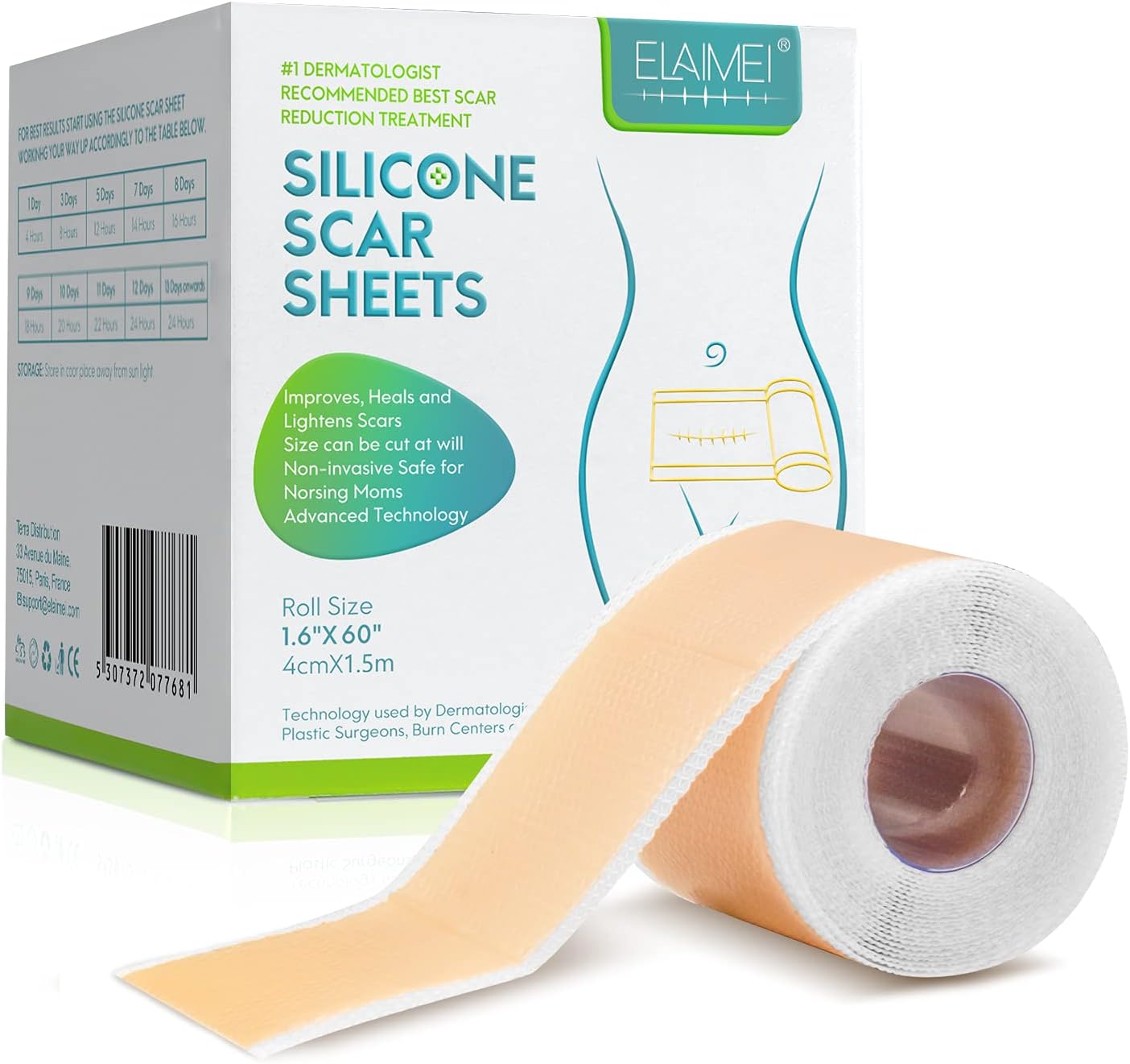 Silicone Scar Sheets, Silicone Scar Tape (1.6” x 60”Roll-1.5M), Scar Tape Roll Medical Silicone Easy-Tear Gel Tape Roll, Scar Removal Sheets Works on Old & New Scars, Scar Treatment Sheets