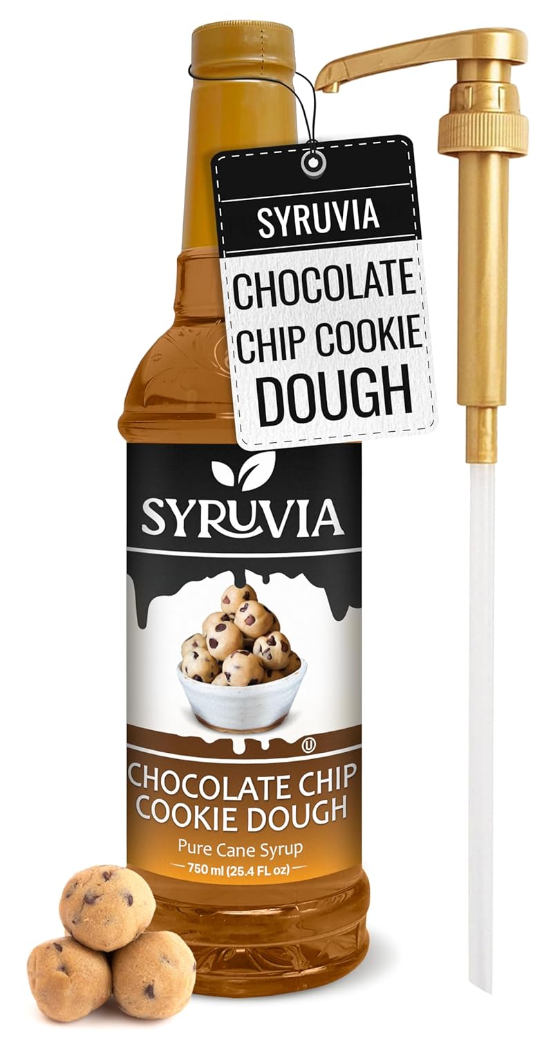 Syruvia Chocolate Chip Cookie Dough Syrup – Chocolate Chip Cookie Dough Coffee Syrup Flavor, 25.4 fl oz, Kosher, Gluten Free, Perfect for Coffee, Drinks, Soda, Desserts, and More, With Syrup Pump