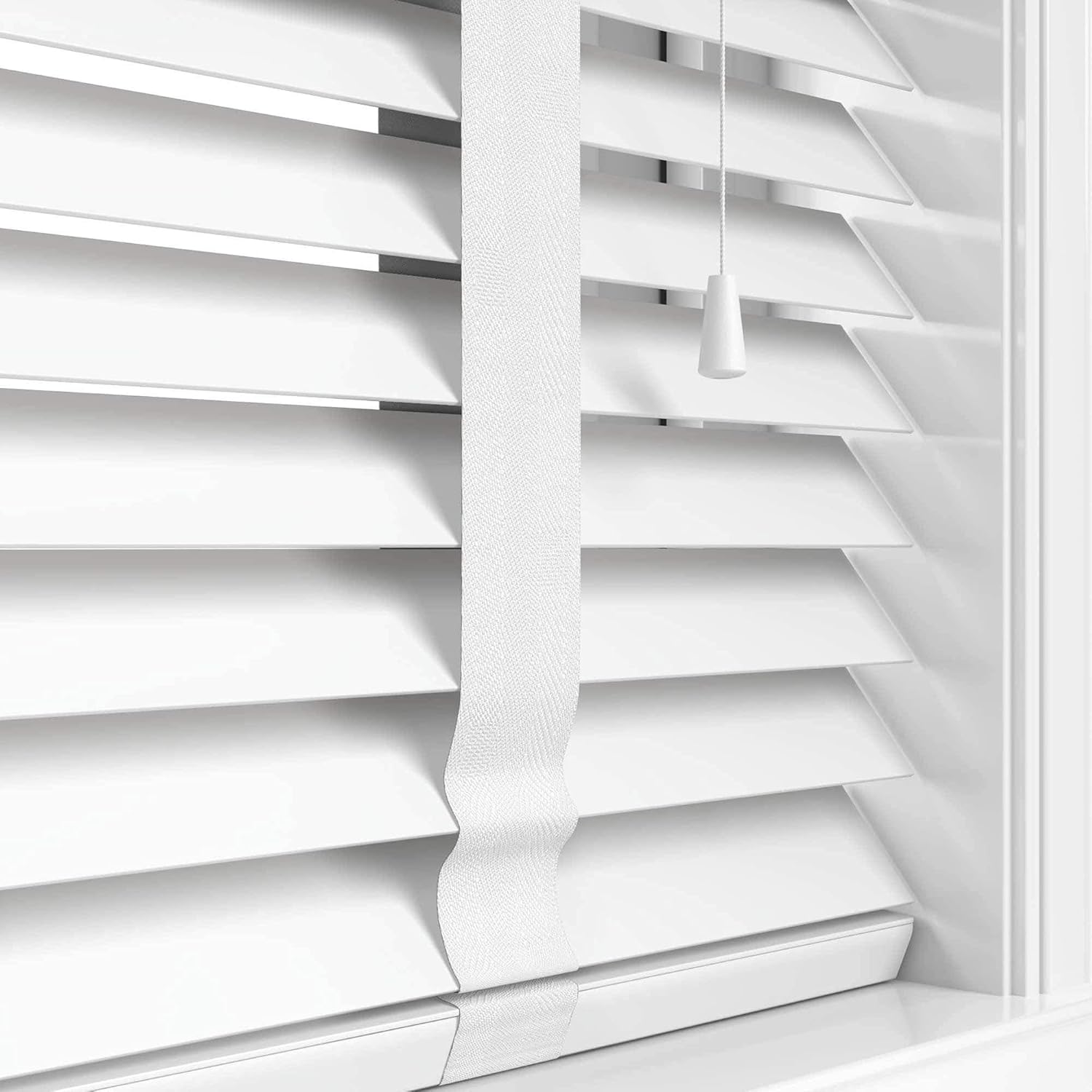 Funky Gadgets Faux Wood Blinds Wooden Grain window Venetian Blind 50mm Horizontal Slats with White Silver/Grey Tape TRIMMABLE, Child Safe (White, W120cmxL150cm)