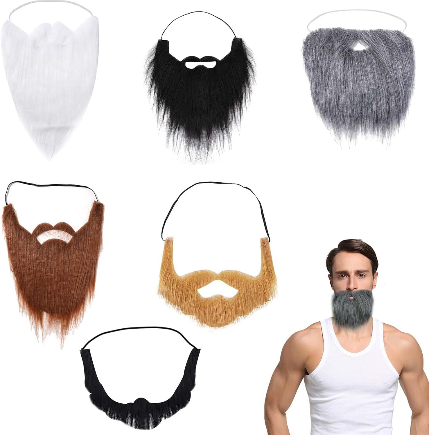 Tbczvx 6 Pcs Fake Beard, Fake Moustache, Realistic False Beards and Moustaches with Adjustable Elastic Rope, Party Costume Decoration Props, Suitable for Halloween Parties Black