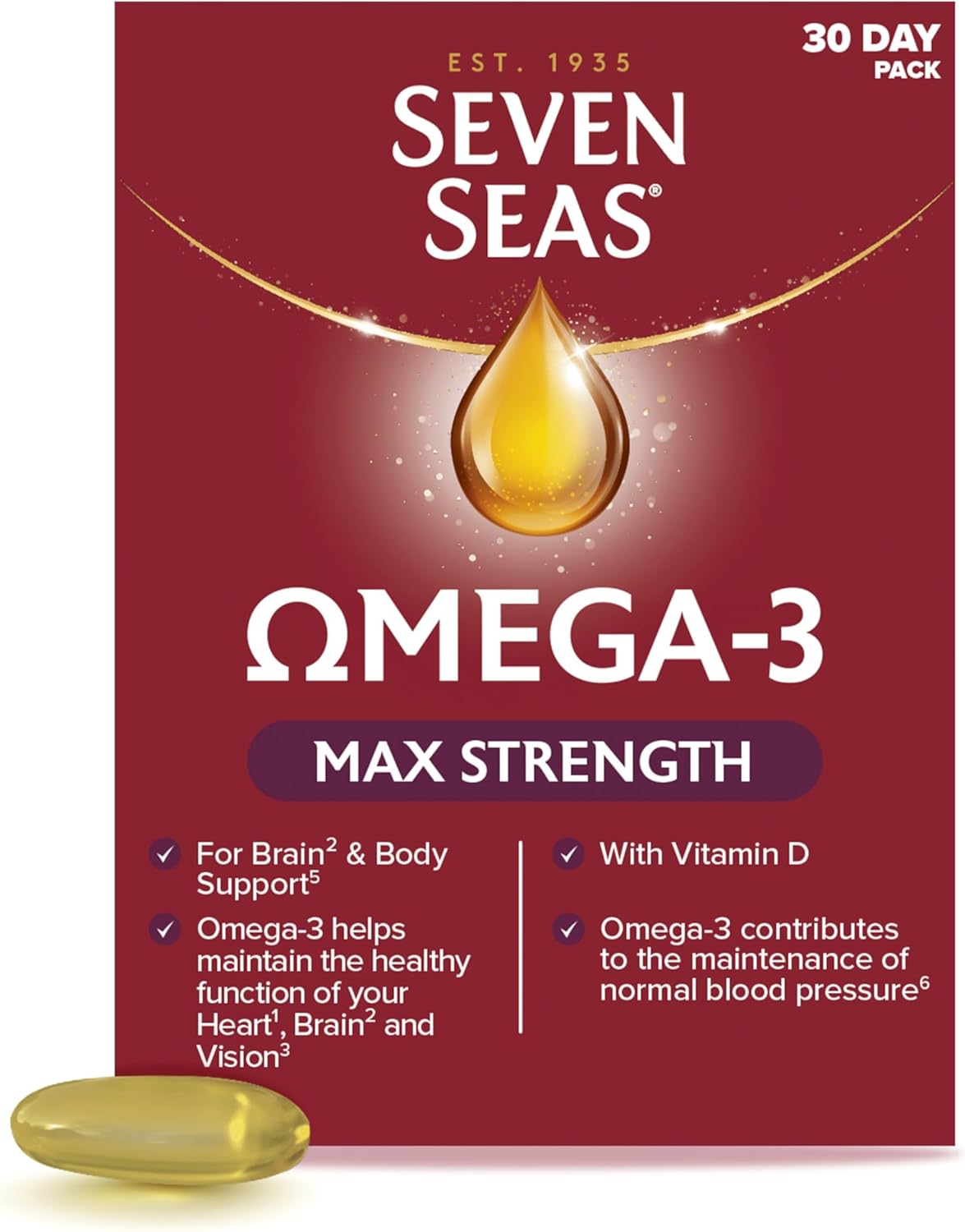 Seven Seas Omega-3 Fish Oil, Max Strength with Omega 3 and Vitamin D for Brain² and Body, 30 Capsules