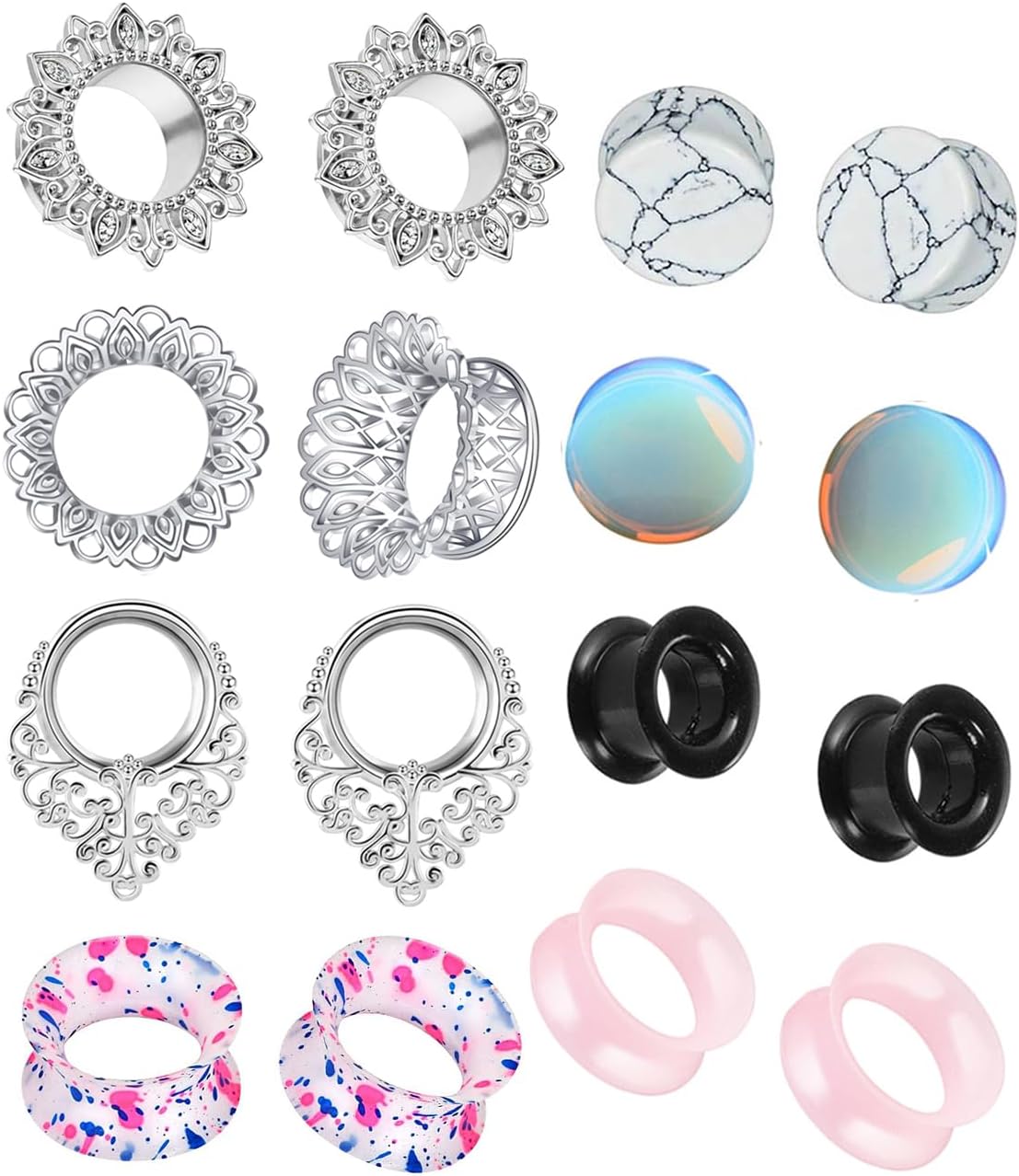 TIANCI FBYJS 8 Pairs Stainless steel Ear Tunnels Earrings Silicone Gauges Plugs For Ear Brass Hollow Plugs and Tunnels Glass Piercings Stretcher Kit 2g 00g 5/8