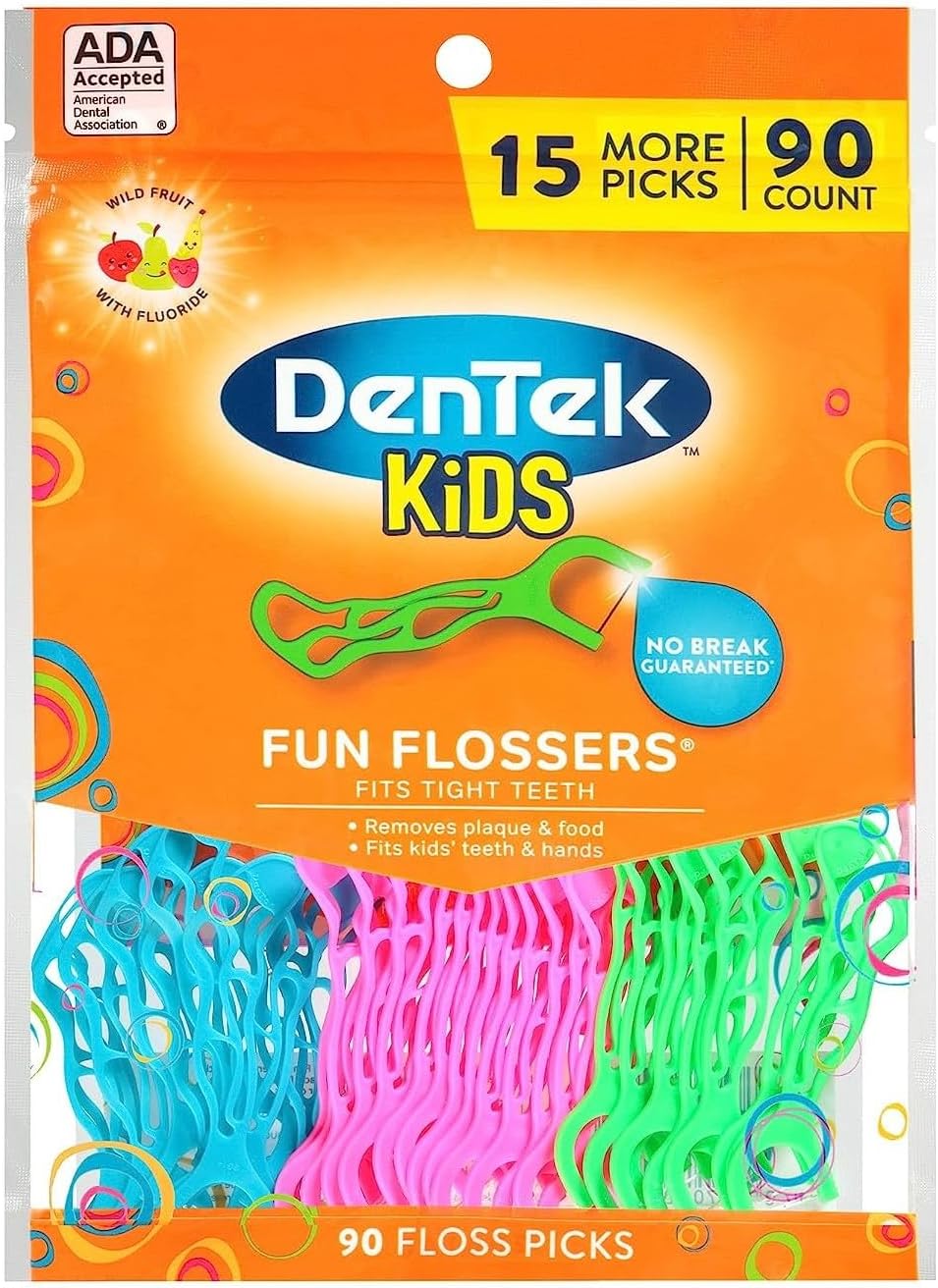 DenTek Kids Fun Flossers, Floss Picks, Removes Food & Plaque, 90 Count