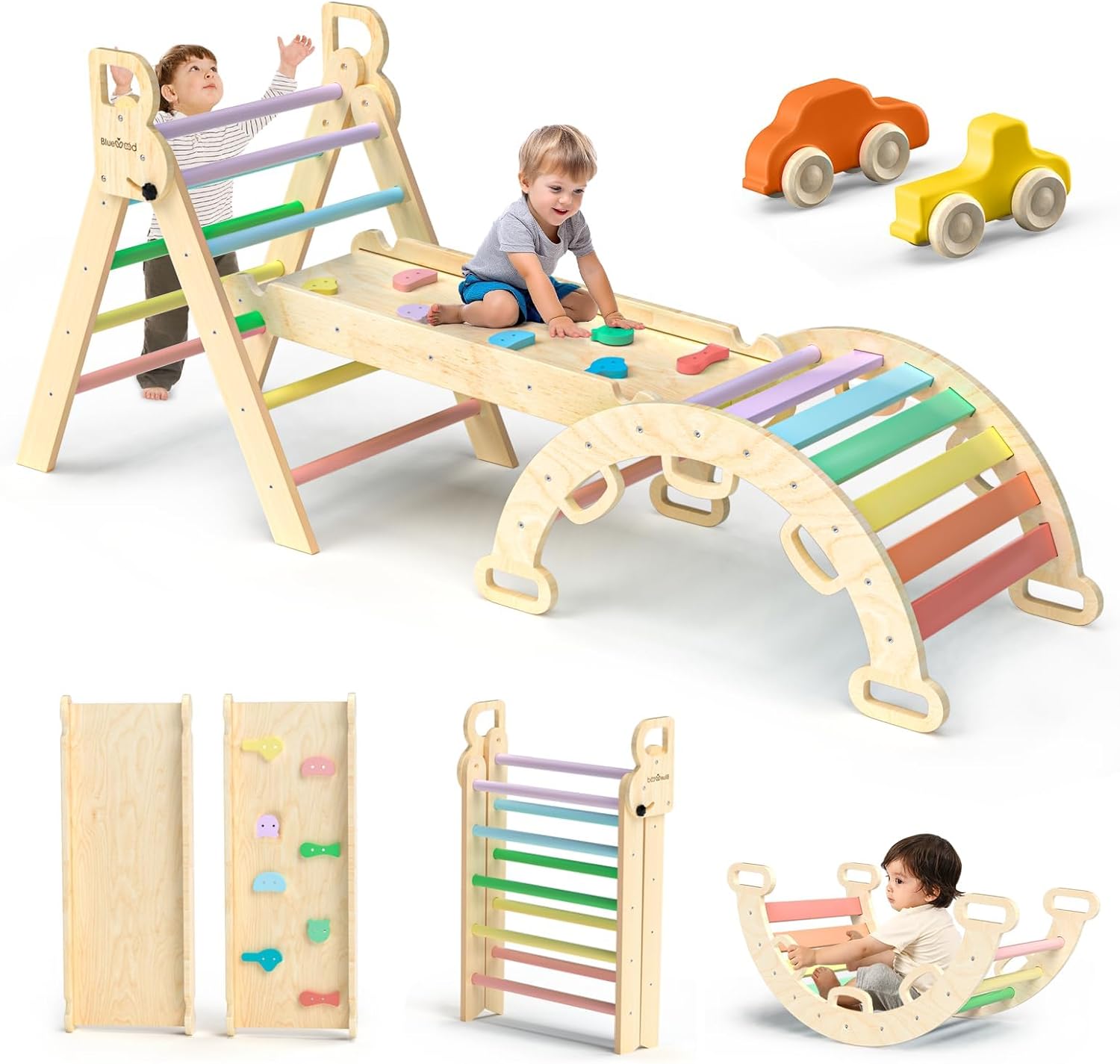 BlueWood Pikler Triangle Set 7in1 Foldable Baby Climbing Toys Wooden Montessori Climbing Set with Arch&Ramp&Ladder Baby Climber Indoor Jungle Gyms for Toddlers Montessori Toys - Rainbow