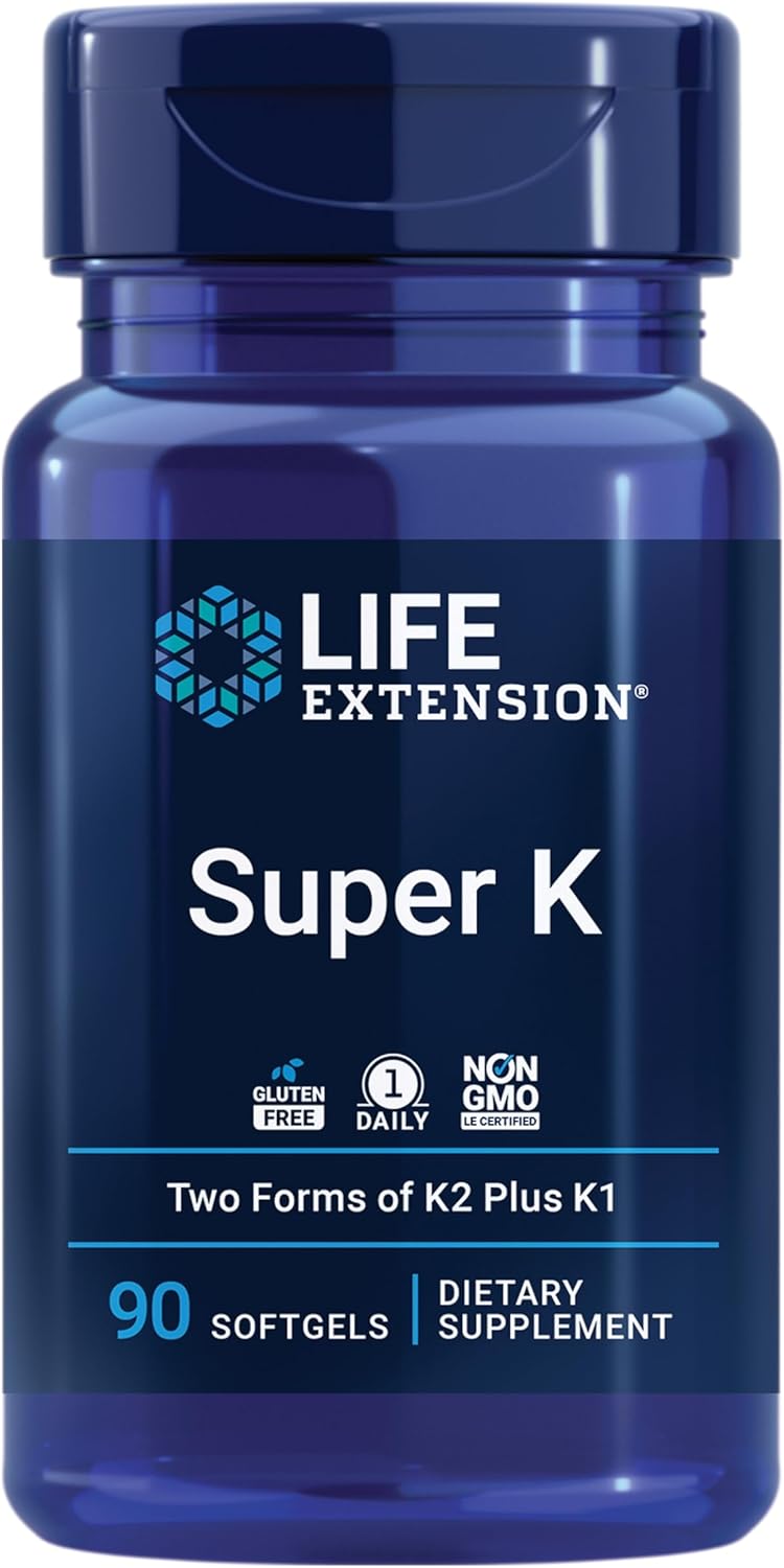 Life Extension Super K, vitamin K1, vitamin K2 mk-7, vitamin K2 mk-4, vitamin C, bone/heart/arterial health, 3-month supply, Gluten-Free, 1 Daily, Non-GMO, 90 softgels