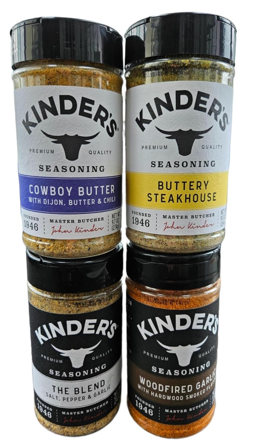 Seasoning Set by KINDERs Pantry Essentials, 4 Pack, 10.5 oz The Blend, 9.5 oz Buttery Steakhouse, 9.5 oz Woodfired Garlic, 9.4 oz Cowboy Butter, Gluten Free, Non-GMO