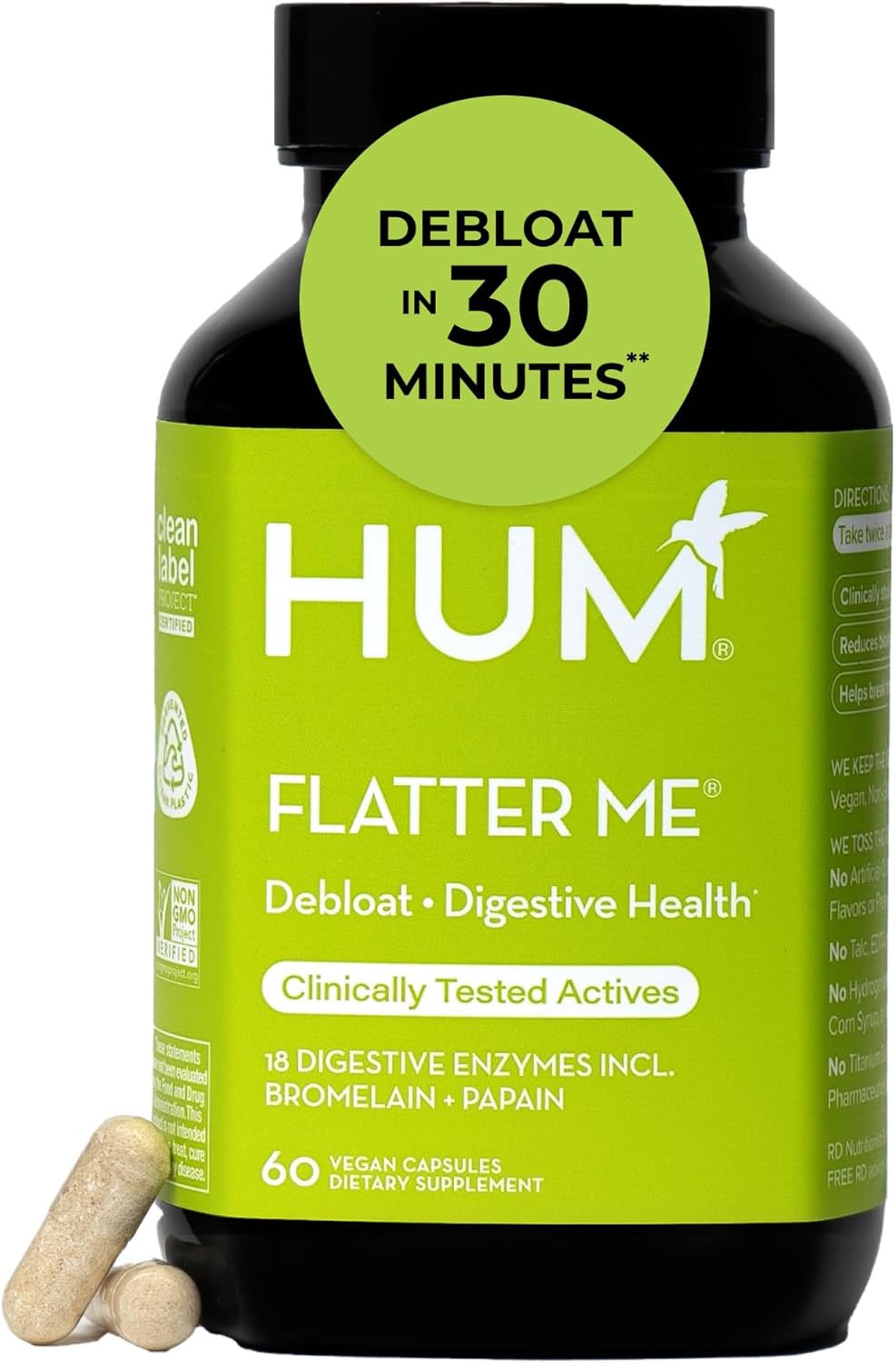 HUM Flatter Me Digestive Enzymes Bloating Supplement - Fast-Acting Bloat Relief for Digestive Health & Debloating Multi Enzyme | Bloat Pills, Anti Bloat Pills, Vegan 60 Servings