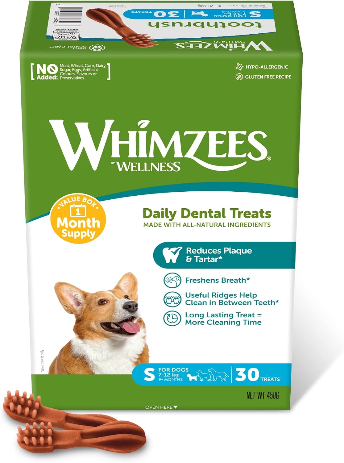 WHIMZEES By Wellness Toothbrush, Month Box, Natural and Grain-Free Dog Chews, Dog Dental Sticks for Small Breeds, 30 Pieces (One Month Supply), Size S