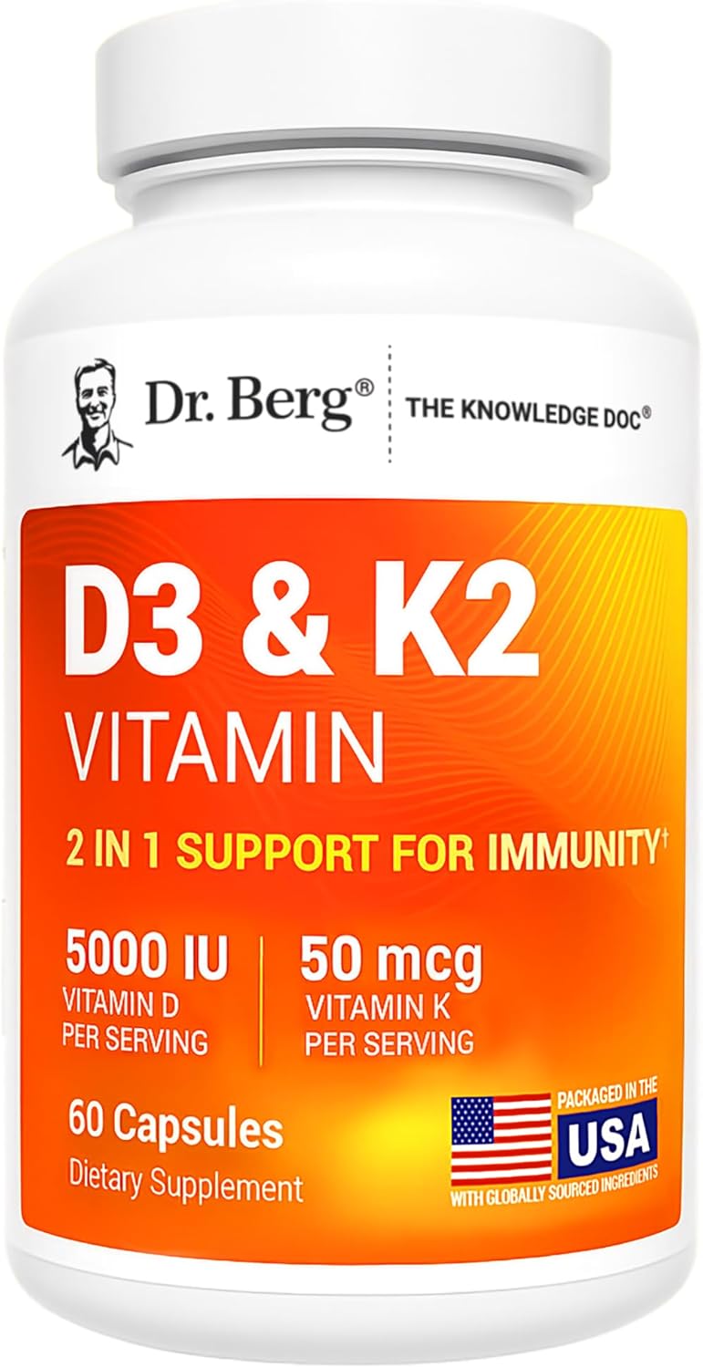 Dr. Berg Maximum Strength 7-in-1 Vitamin D3 K2 5000 IU | Naturally Derived D3 | 4X Lab-Tested & Verified | High Absorption Formula | K2 D3 Vitamin Supplement - 60 Capsules