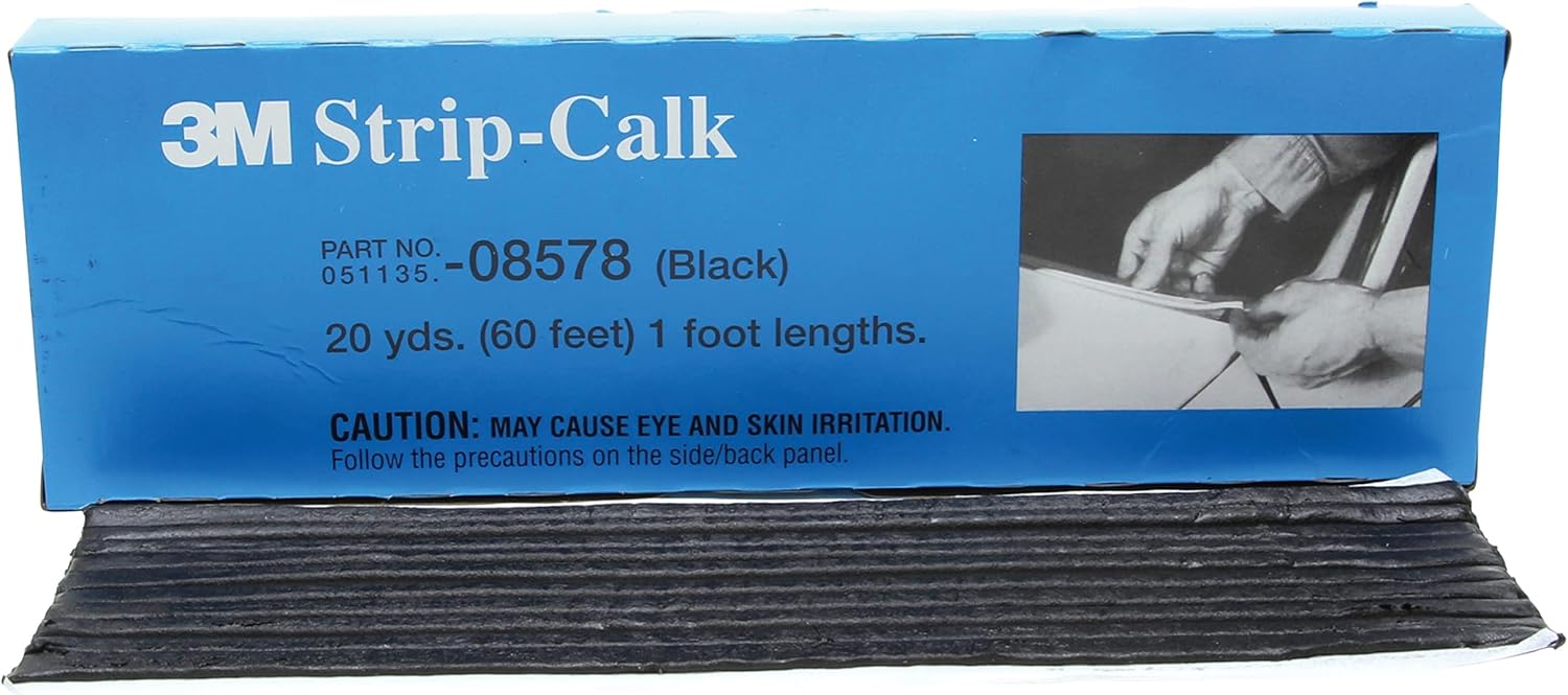 3M Strip Calk, 08578, 1 ft Strips, Black, Soft Butyl Rubber, Permanent Elasticity, Joint Filling, Trunk Seams, 60 Pack
