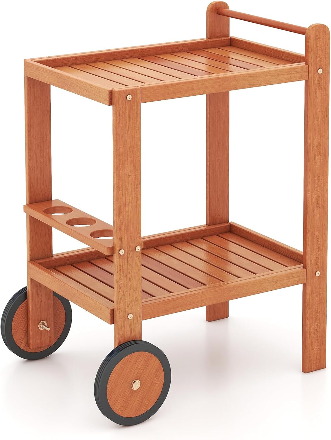 GiantexUK 2-Tier Serving Trolley, Wooden Bar Cart with Wine Bottle Holders, 2 Wheels & Handle, Utility Indoor Outdoor Beverage Drinks Trolley for Kitchen Dining Room Patio Garden