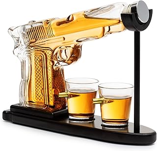 The Wine Savant Gifts for Men Dad, Father Whiskey Decanter Set - 9 Oz with Two 2 Oz Glasses, Pistol Gun Cool Anniversary Birthday, Home Bar Gifts, Drinking Military Present Dispenser