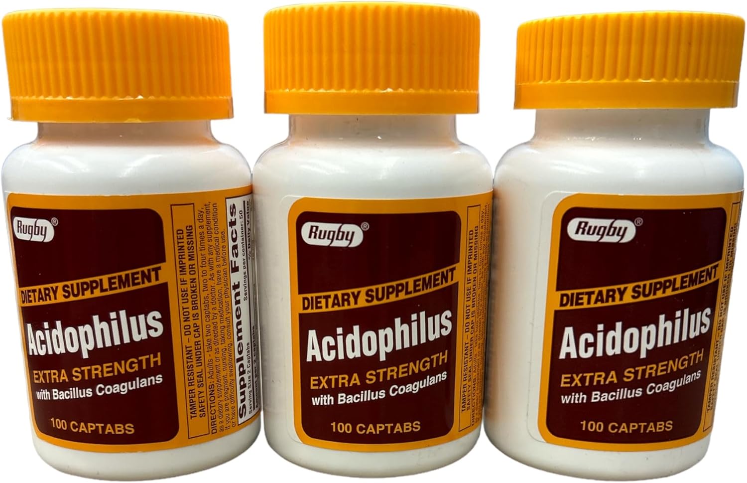 [3 PACK] Rugby® Acidophilus Extra Strength with Bacillus Coagulans (100 Captabs)