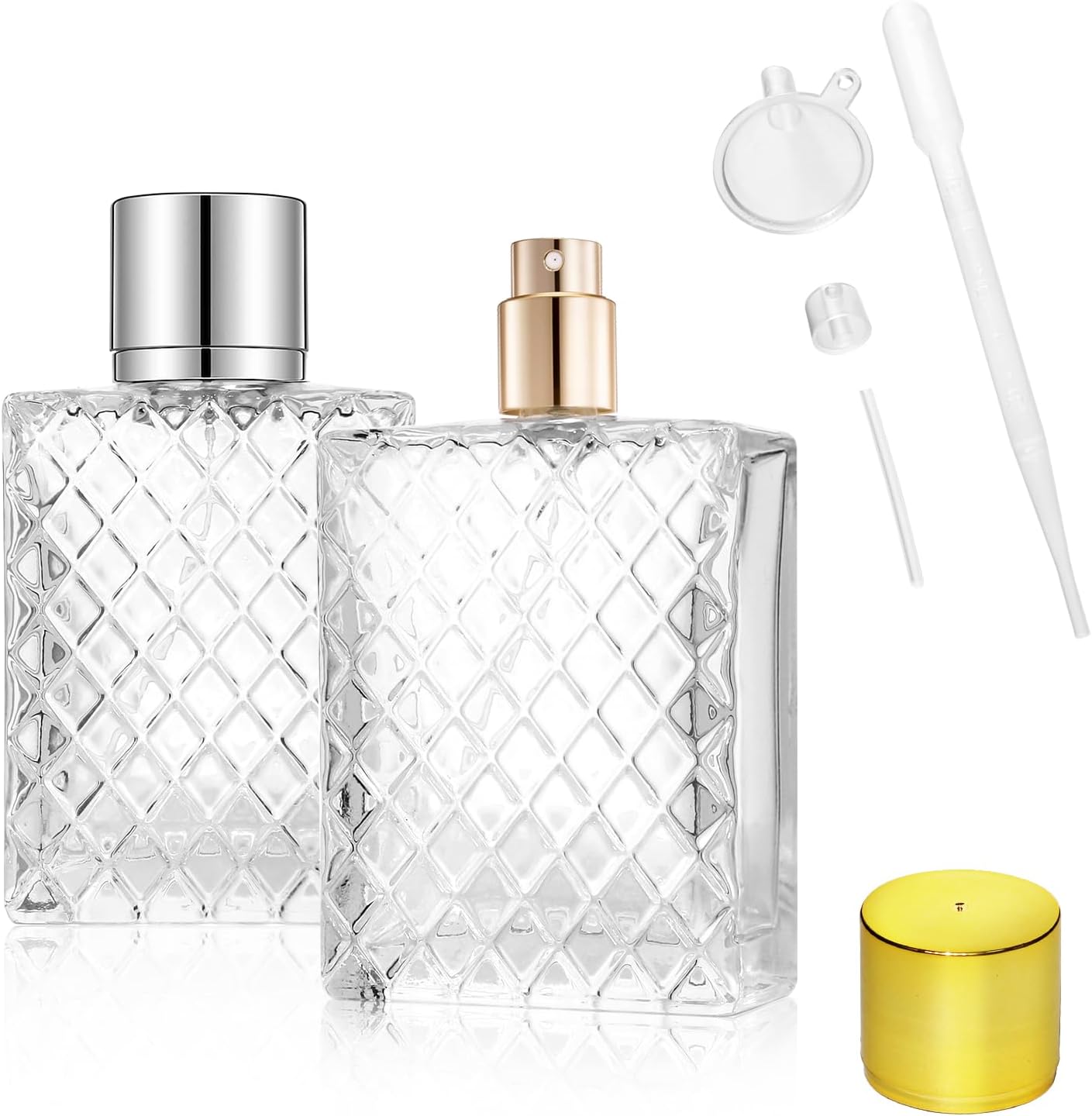 LUBOXIN 2 Pcs 100ml Perfume Atomisers Refillable, Clear Glass Perfume Spray Bottle Square Grids Empty Perfume Bottles Portable Travel Perfume Atomiser Refillable with Funnel, Dropper and Squeezer