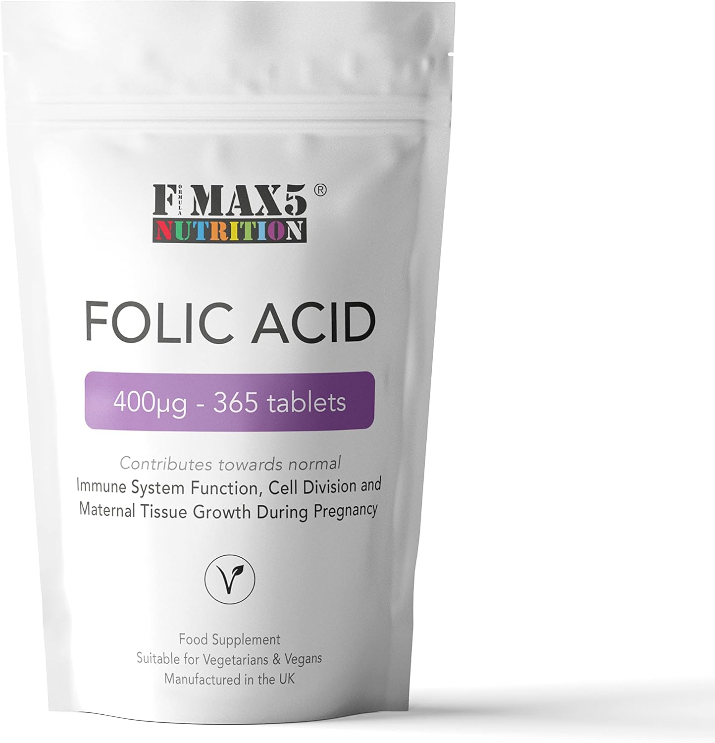 Folic Acid Tablets 400µg - 365 Vegan Vitamin B9 Tablets - 12 Month Supply - Pregnancy Care - Normal Function of Immune System & Maternal Tissue Growth During Pregnancy - Made in The UK by FMax5