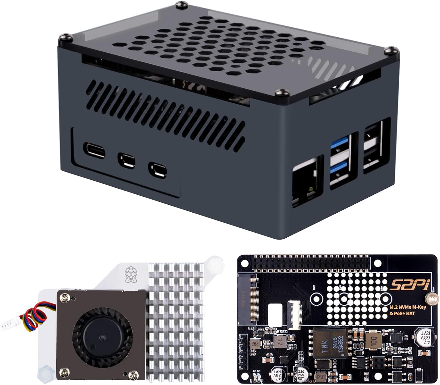 GeeekPi P33 M.2 NVME M-Key PoE+ Hat with Official Pi 5 Active Cooler and Aluminum Case for Raspberry Pi 5, Support M.2 NVMe SSDs 2230/2242/2260/2280