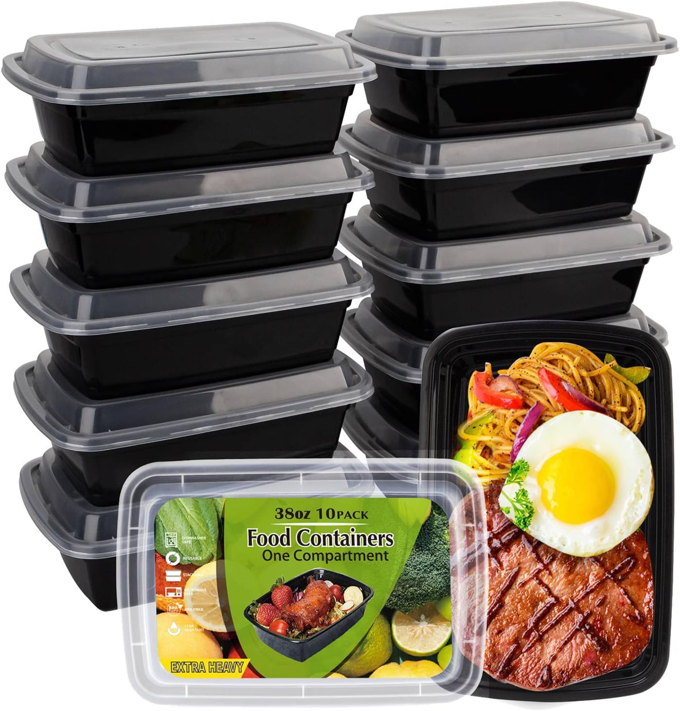 Meal Prep Containers [38OZ] Plastic Food Storage Containers With Lids,10-Pack Reusable To Go Containers, Disposable Food Prep Container, BPA-free, Stackable, Microwave/Dishwasher/Freezer Safe