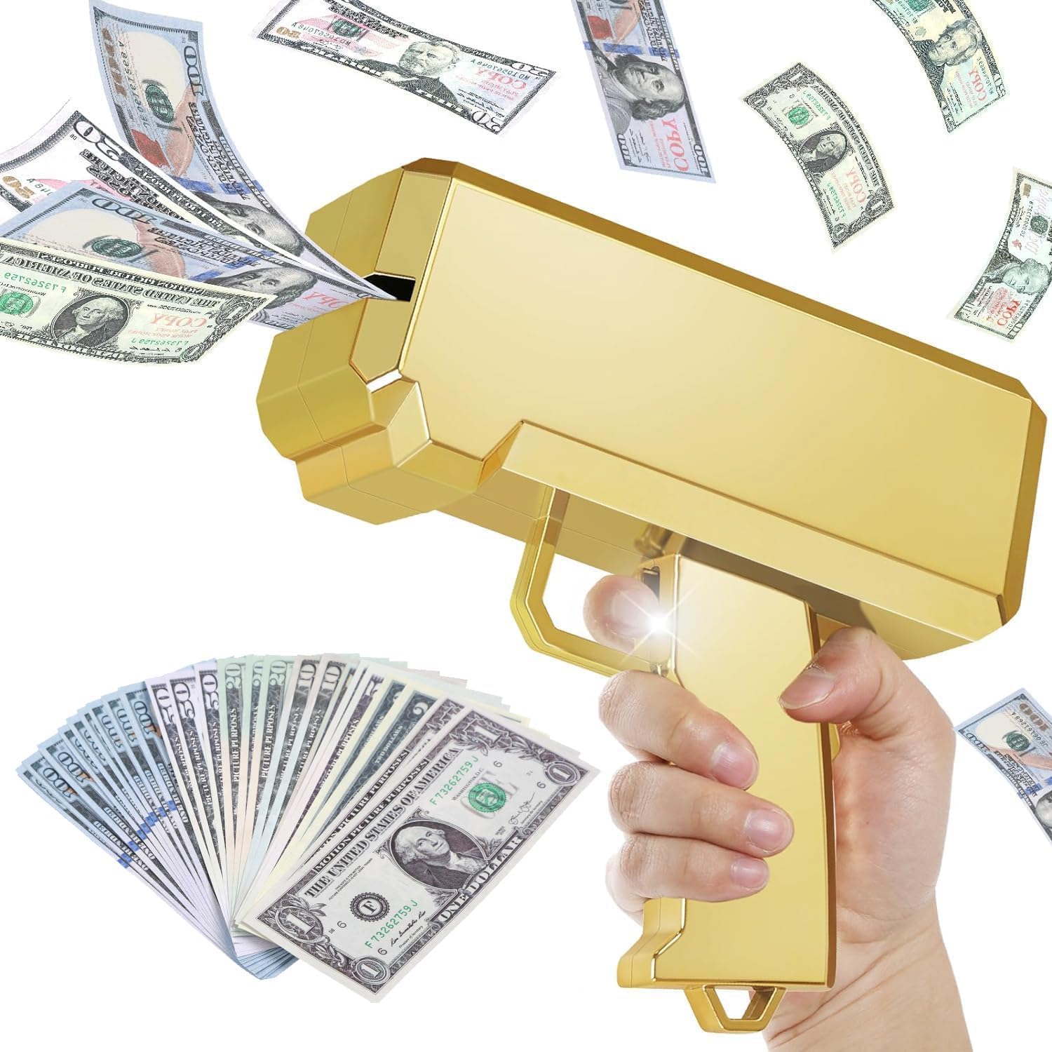 Money Gun Shooter and Prop for Movies Weddings, Handheld Cash Gun Paper Playing Dispenser Fake Gun for Party, Pretend Play Toy Gun (Gold)
