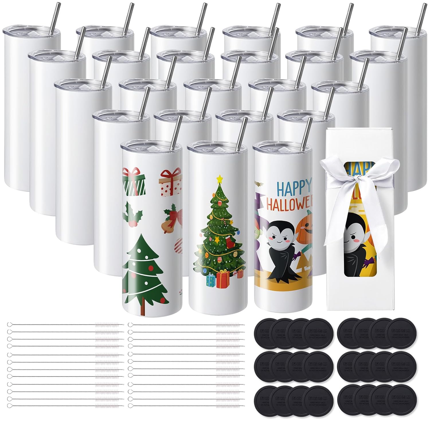 VEVOR 24 Pack Straight Sublimation, 20 oz Blank Bulk, Stainless Steel Double Wall Tumbler Cups with Straw, Lid, Brush, Base, Shrink Wrap, Gift Box, Press and Heat Transfer, White, 591.5 ml