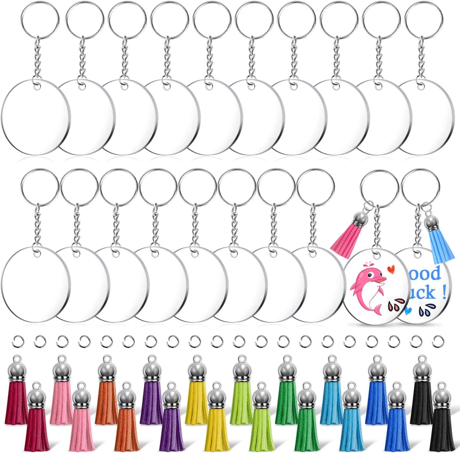 Acrylic Keychain Blanks, Shynek 100Pcs Key Chain Hardware Supplies for Craft Set with Acrylic Blanks, Key Rings, Tassels and Jump Rings for Vinyl Projects, DIY Keychain Supplies