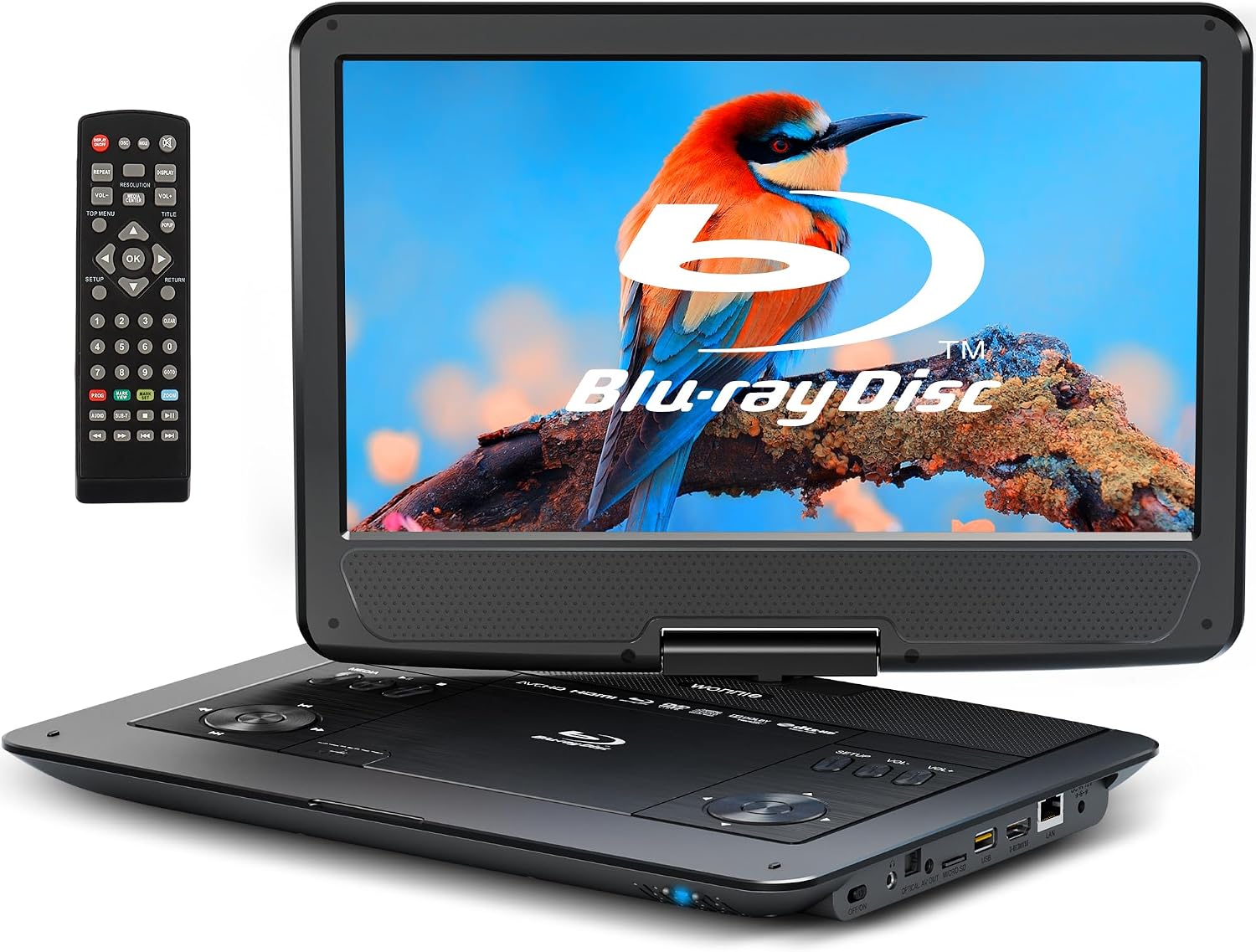 WONNIE 16.9" Portable Blu Ray Player with 14.1" 1080P Full HD Large Swivel Screen, Blu-ray DVD Player with HDMI Out & AV Out, 4-5 Hours Rechargeable Battery, Support USB/Micro SD Card